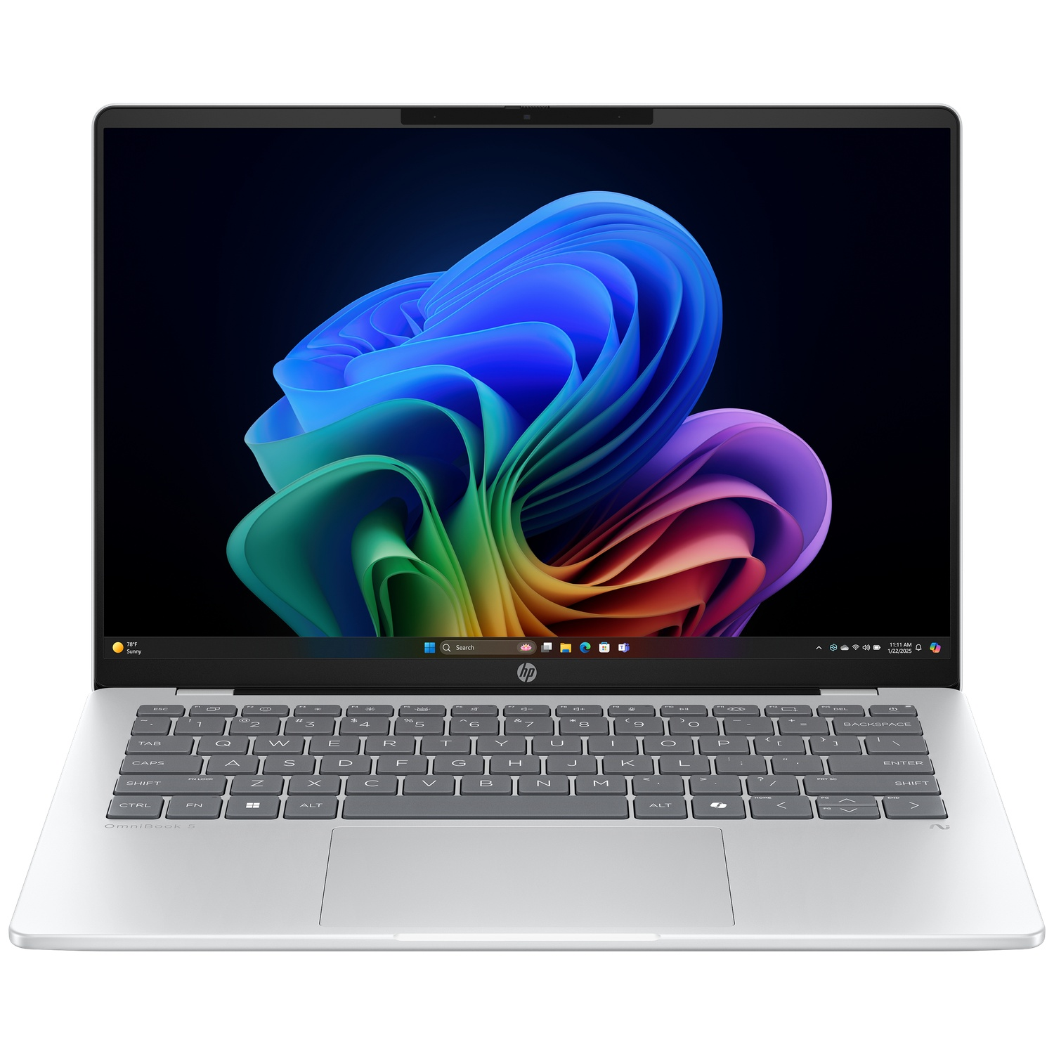 Een zilveren HP laptop met een kleurrijke abstracte achtergrondafbeelding.
