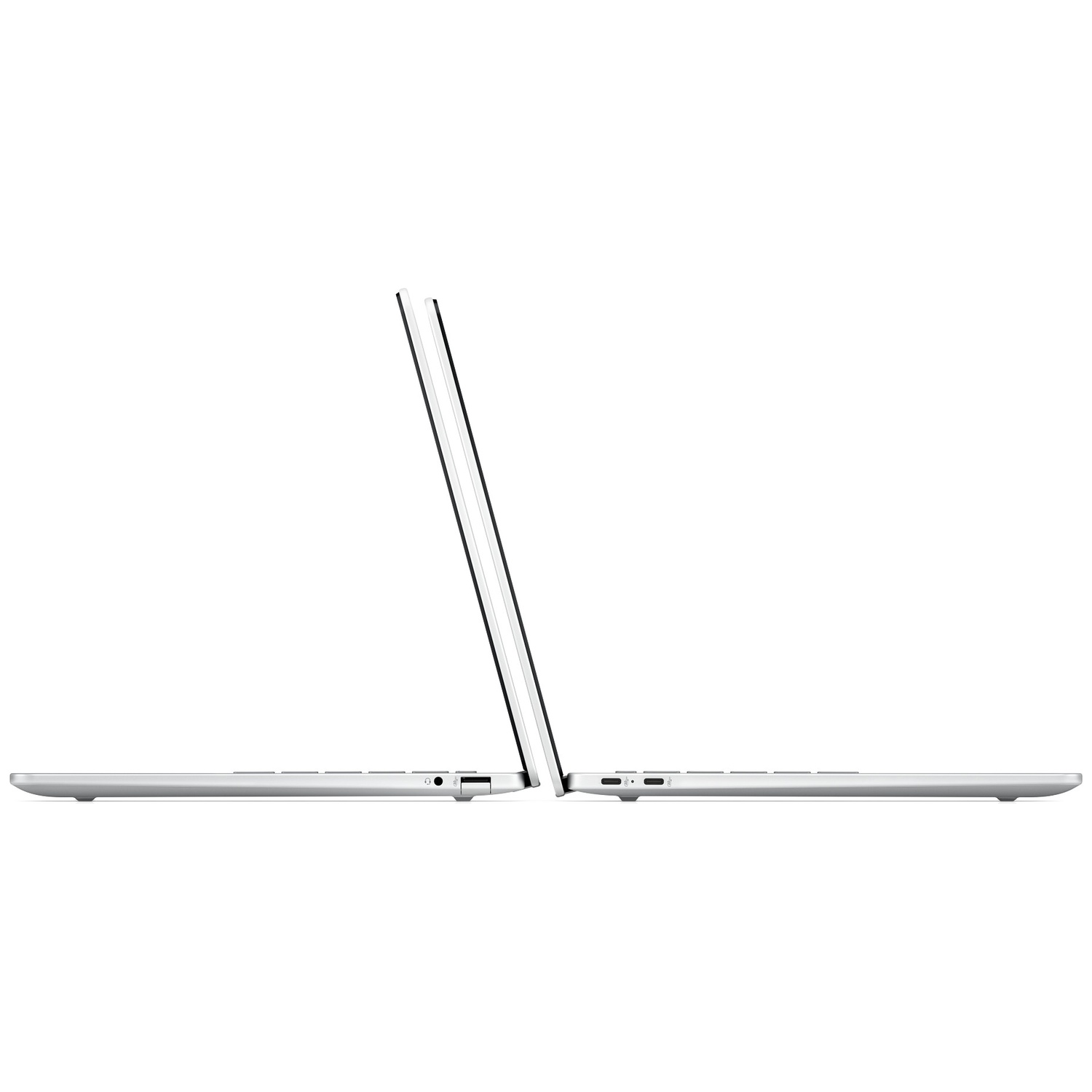 Zilveren laptop van opzij, met deksel open, naast elkaar.