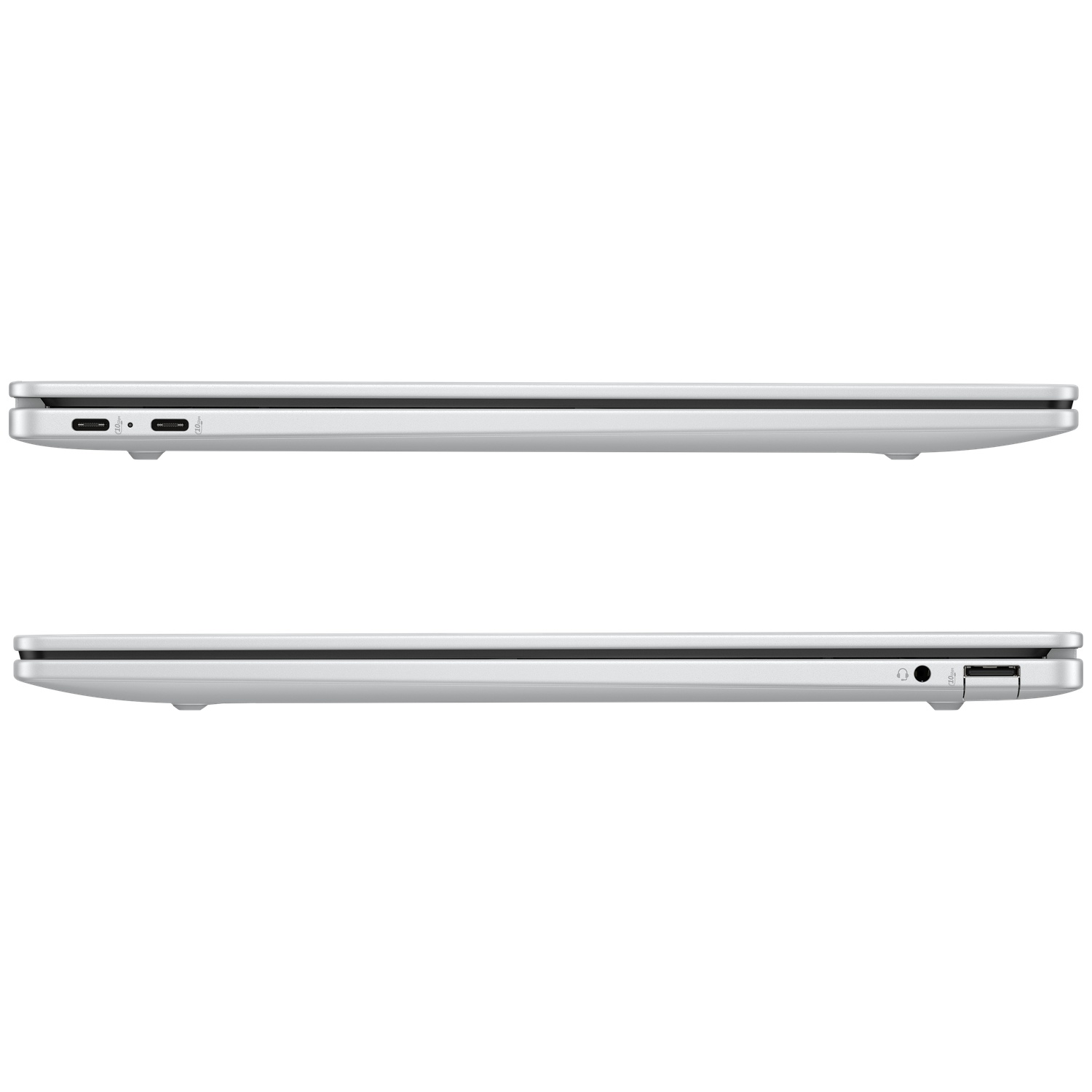 Silver laptop edge showing ports: 2x USB-C on top, headphone jack & USB-A on bottom.