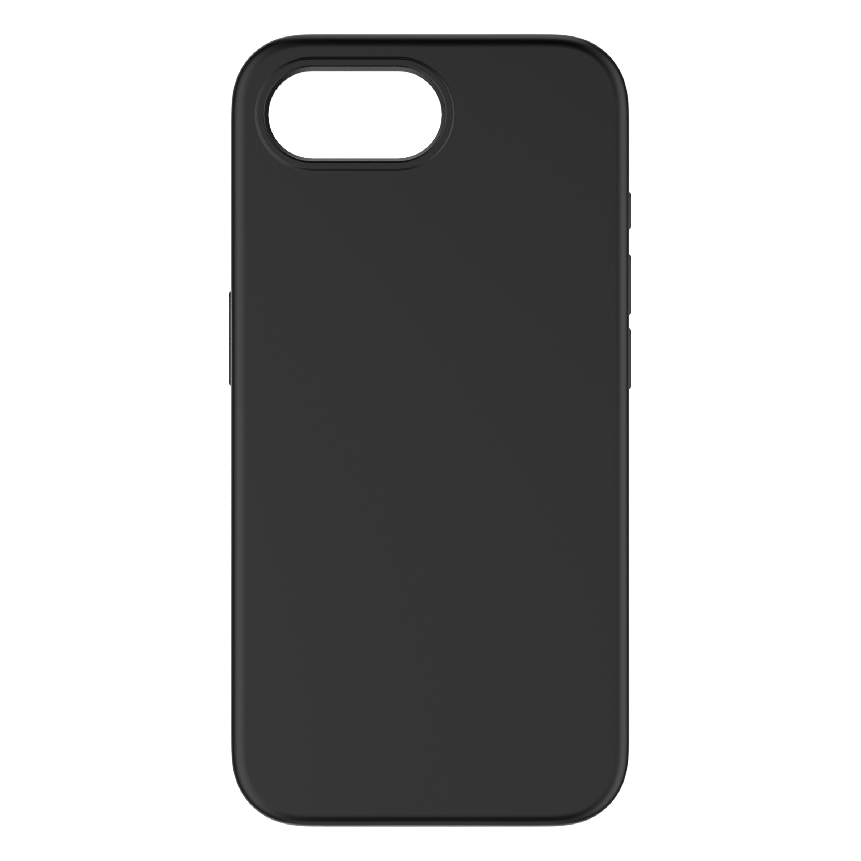 Funda de teléfono negra con recortes para cámara y botones.