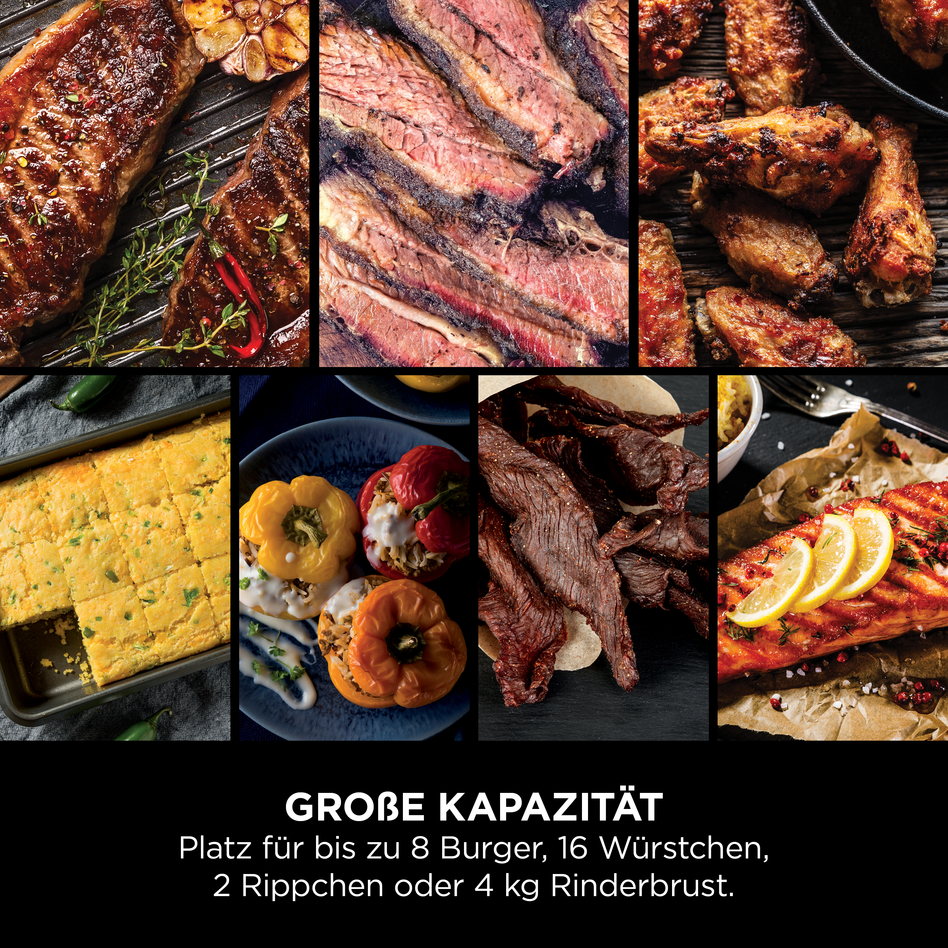 Collage mit verschiedenen Fleischgerichten und gefüllten Paprika.