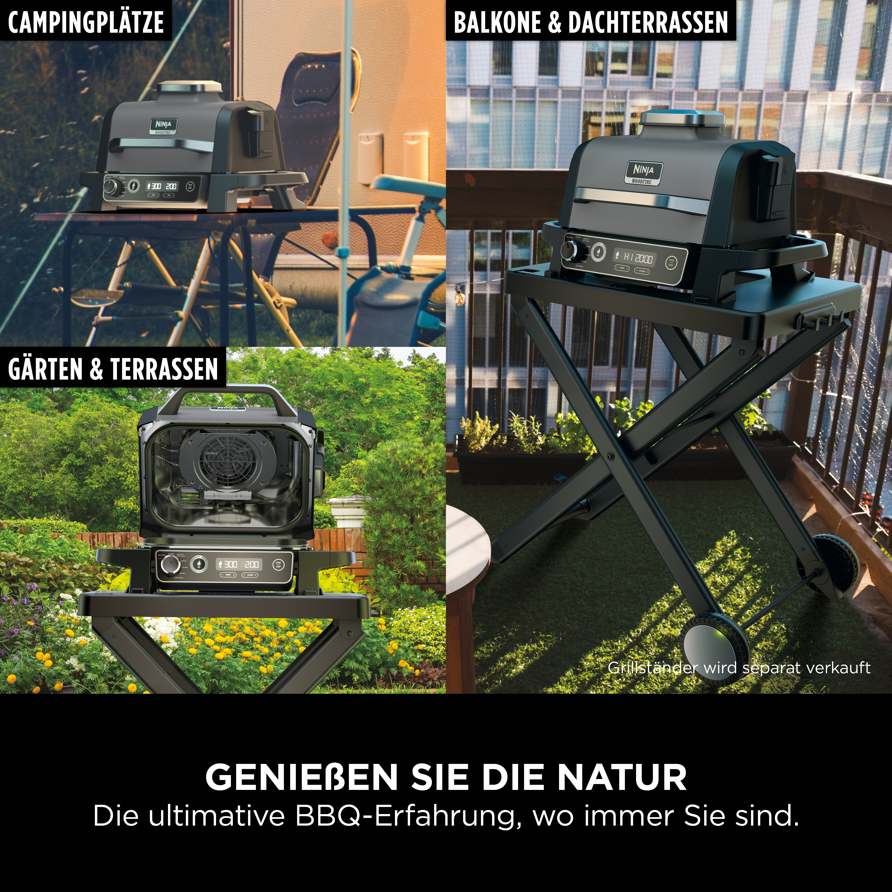 Ein Ninja Woodfire Grill wird in verschiedenen Outdoor-Szenarien gezeigt.