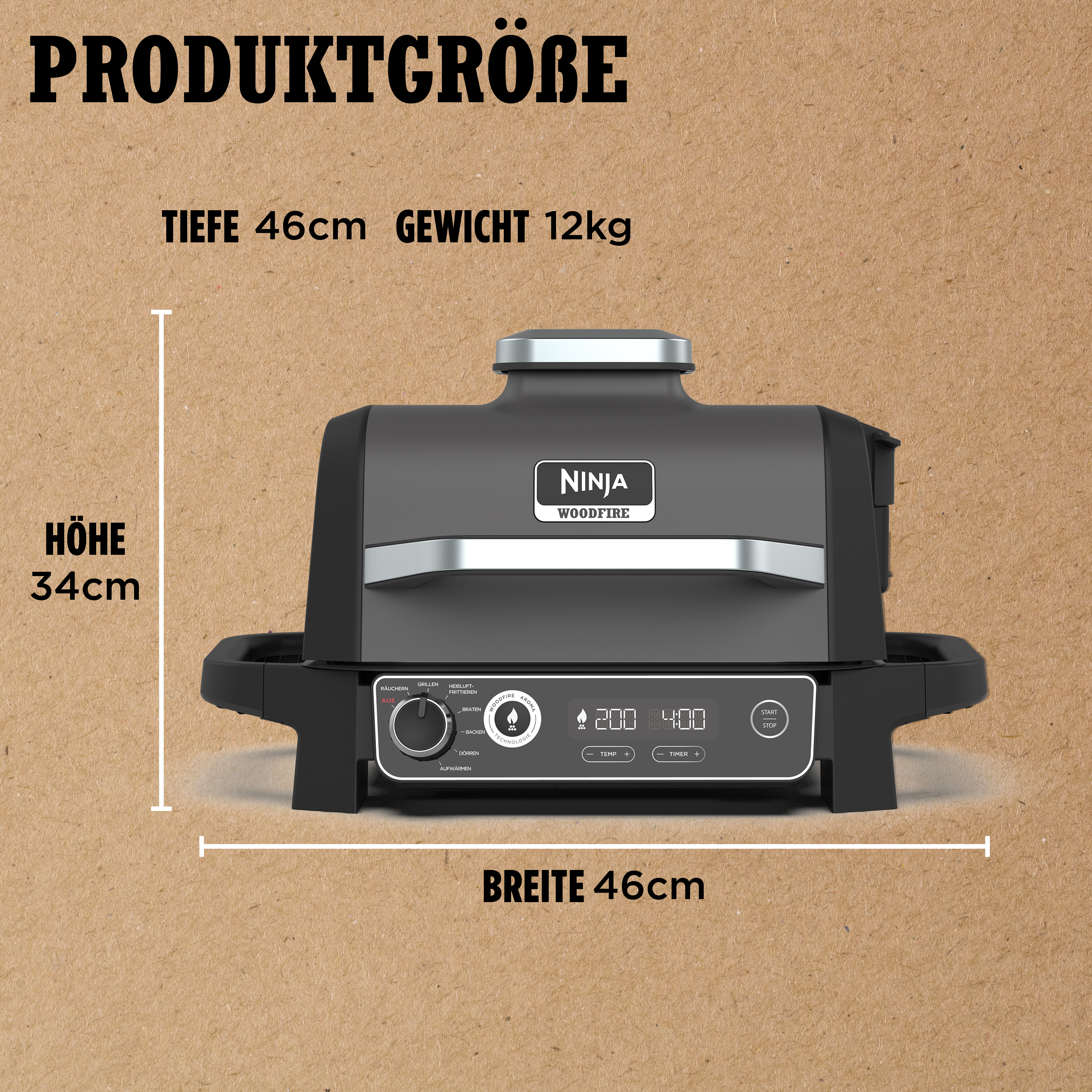 Ein schwarzer Ninja Woodfire Grill mit Maßen: Höhe 34cm, Breite 46cm, Tiefe 46cm, Gewicht 12kg.