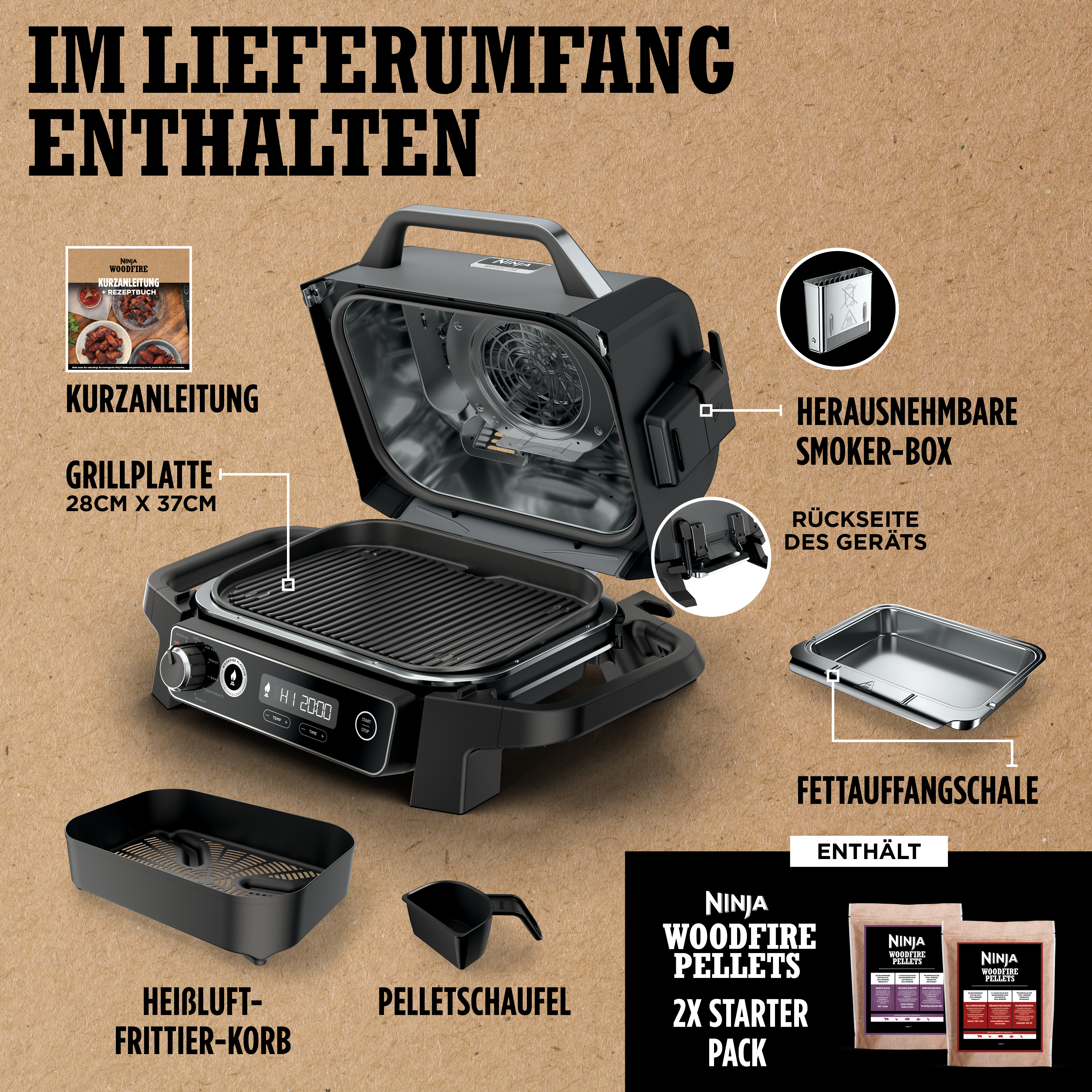 Ninja Woodfire Grill mit Zubehör: Grillplatte, Korb, Smoker-Box, Fettauffangschale.