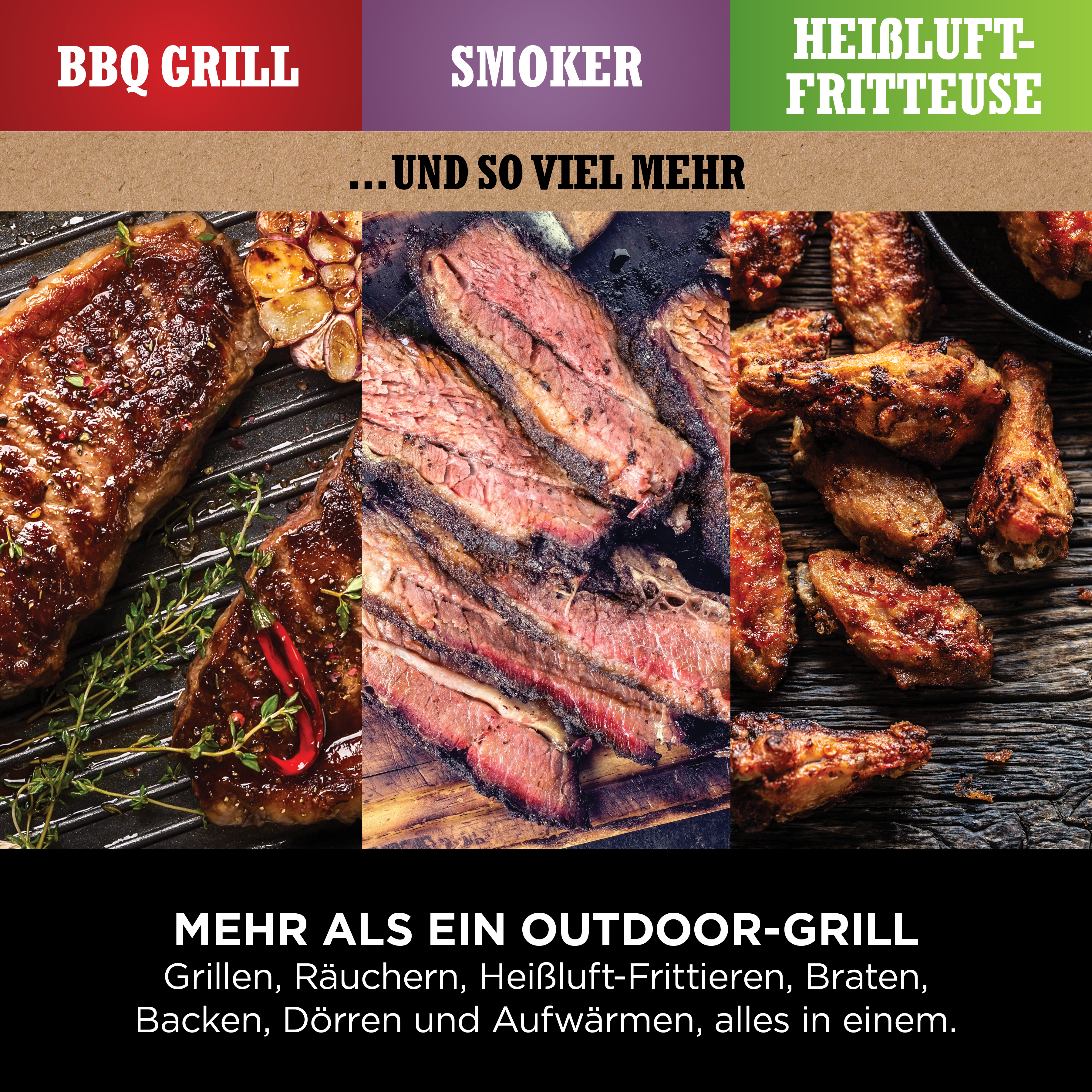 Bilder von gegrilltem Steak, Brisket und Hähnchenflügeln.