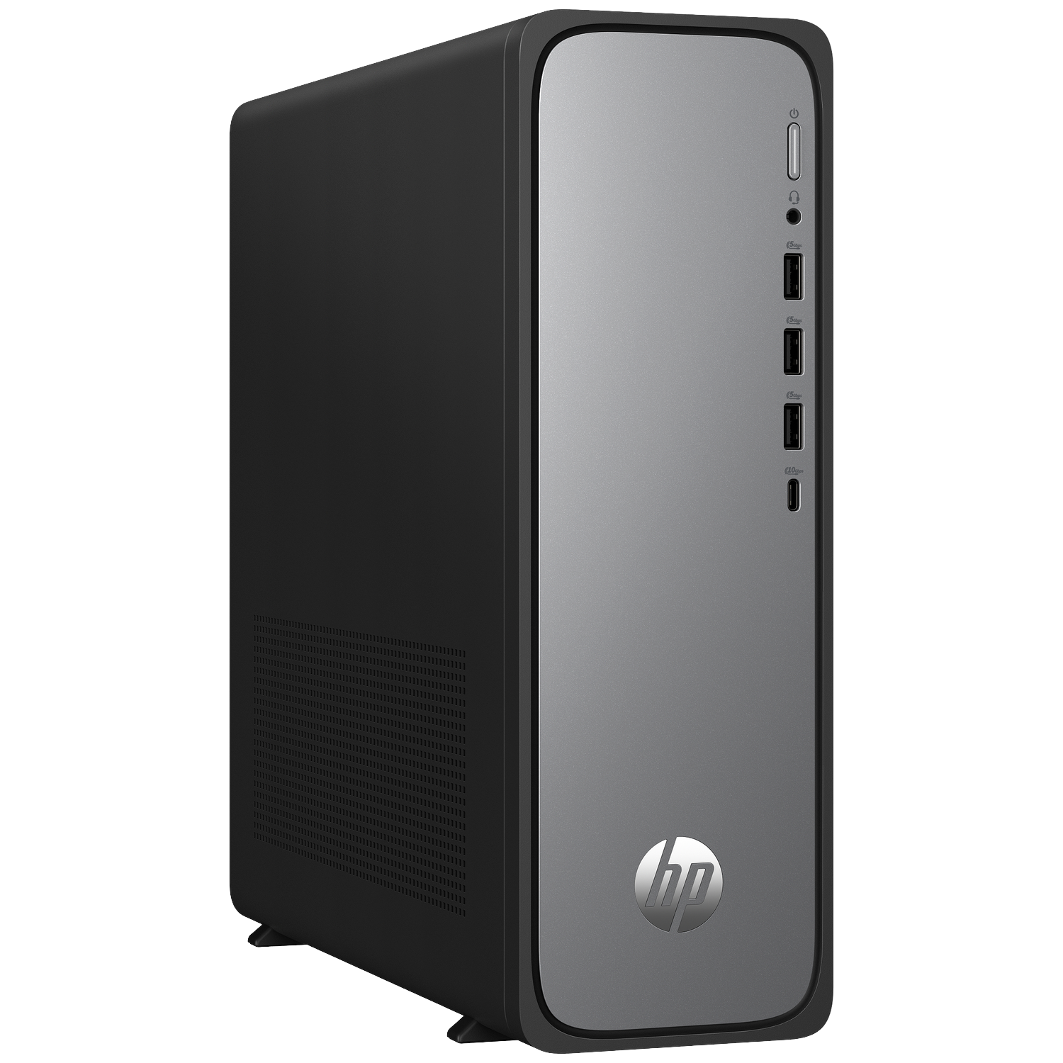 A black HP desktop computer with a silver front panel featuring ports.
