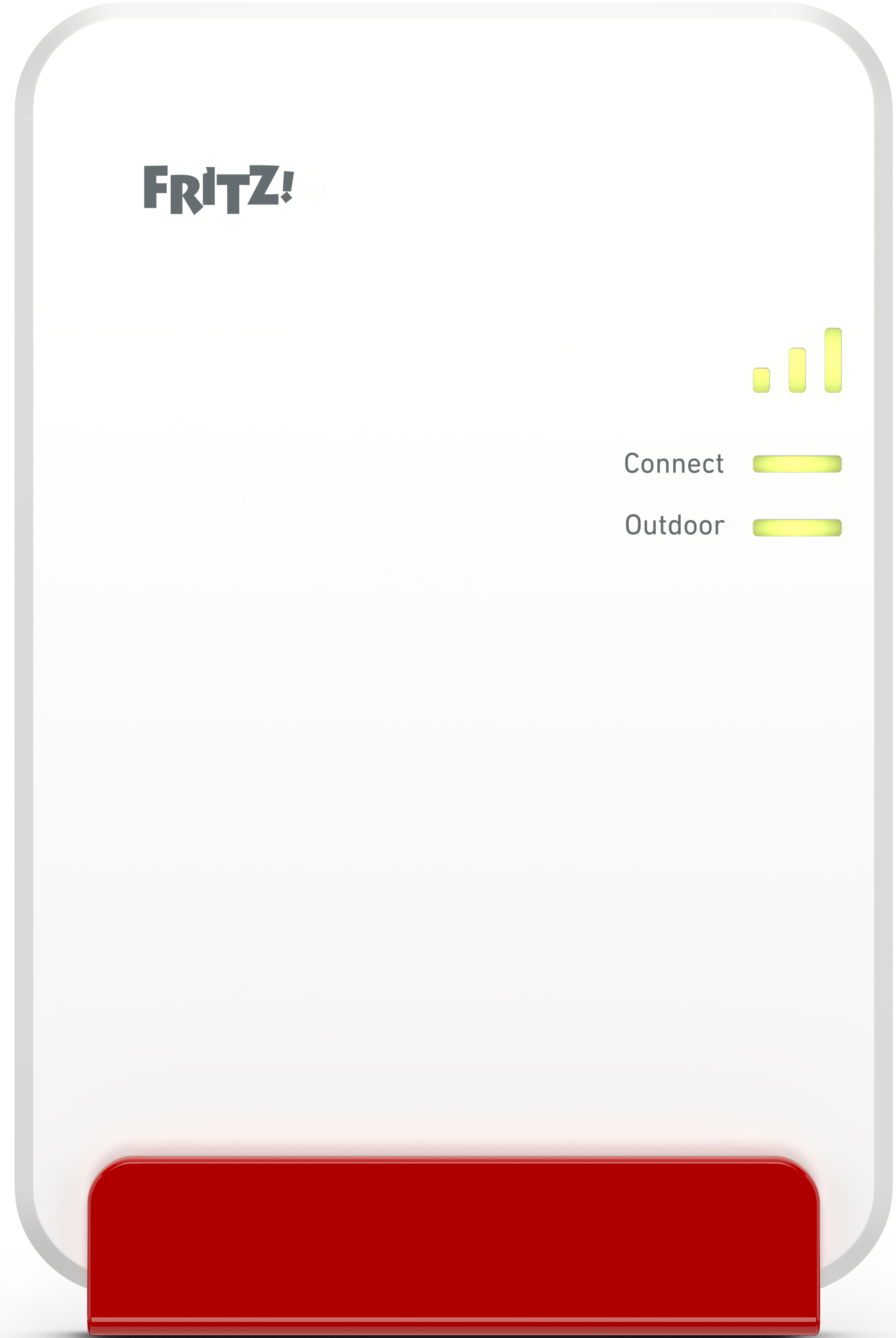 Weißes Fritz!Box-Gerät mit roter Basis und grünen LED-Anzeigen für Connect/Outdoor.