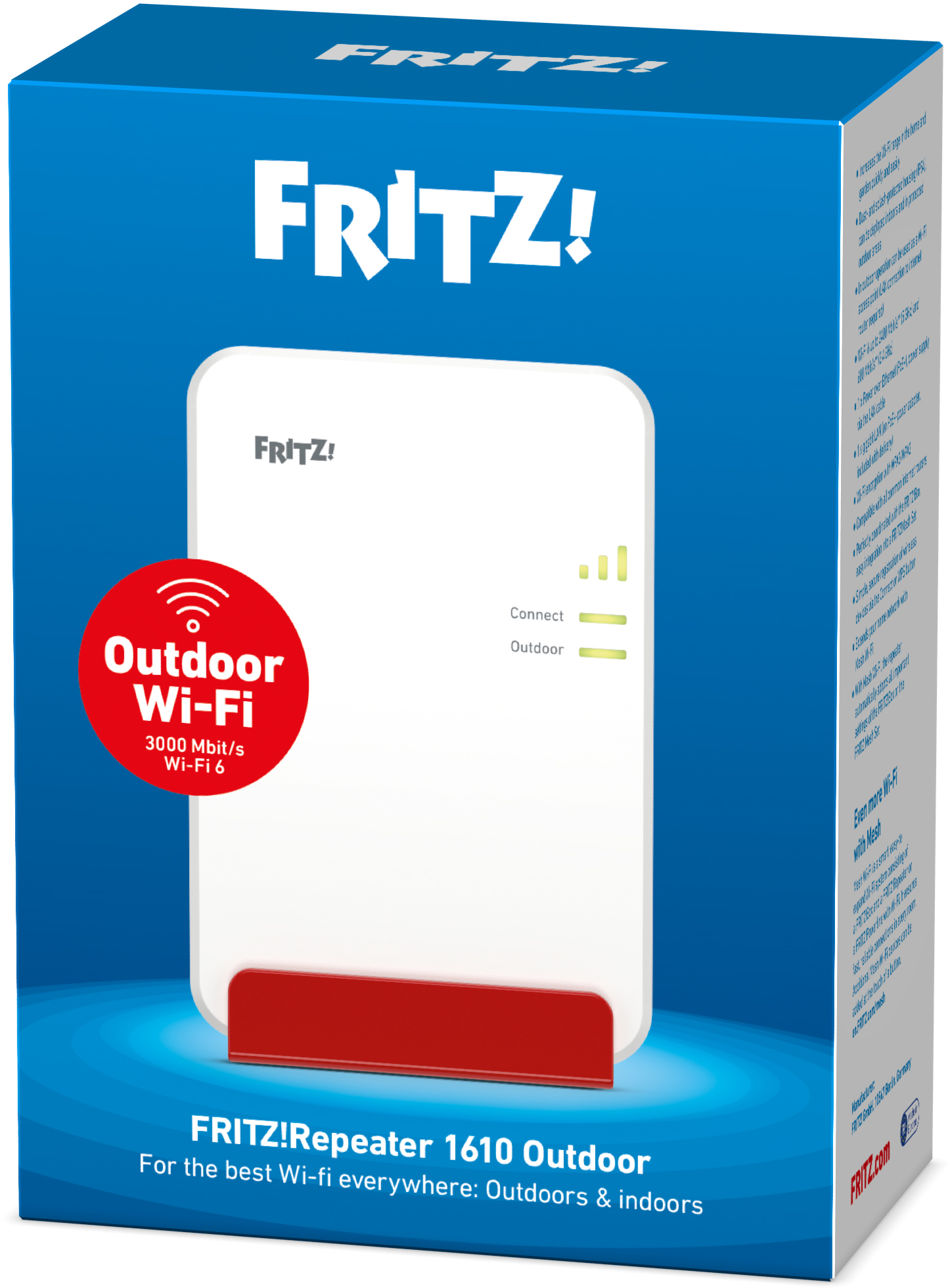 FRITZ!Box 1610 Outdoor Repeater auf blauem Hintergrund mit Produktinformationen.