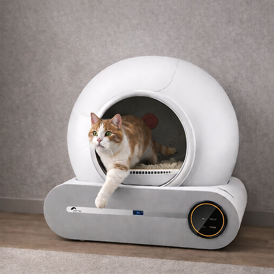 Eine orange-weiße Katze verlässt eine weiße selbstreinigende Katzentoilette.
