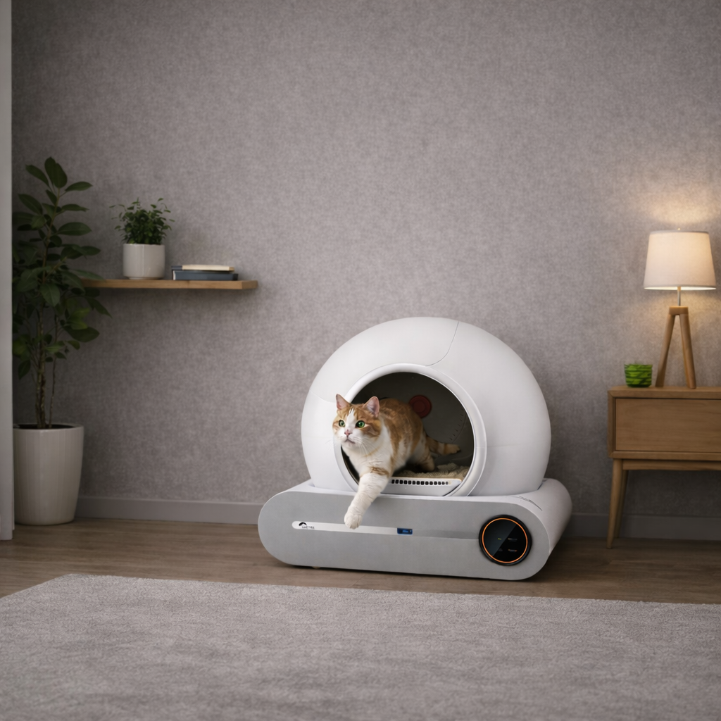 Eine orange-weiße Katze verlässt eine kugelförmige, weiße Katzentoilette.