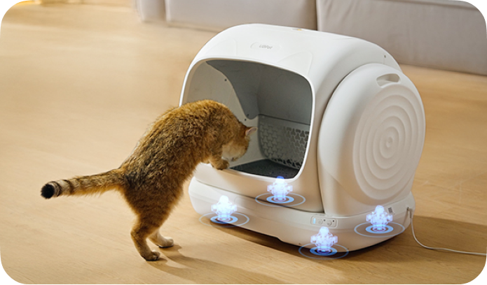Eine Katze beugt sich über eine weiße selbstreinigende Katzentoilette.