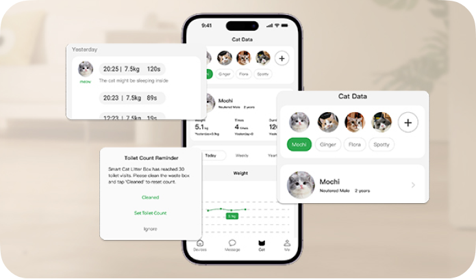 Telefon zeigt Katzendaten-App mit Gewicht, Toilettenanzahl u. Katzenprofilen.