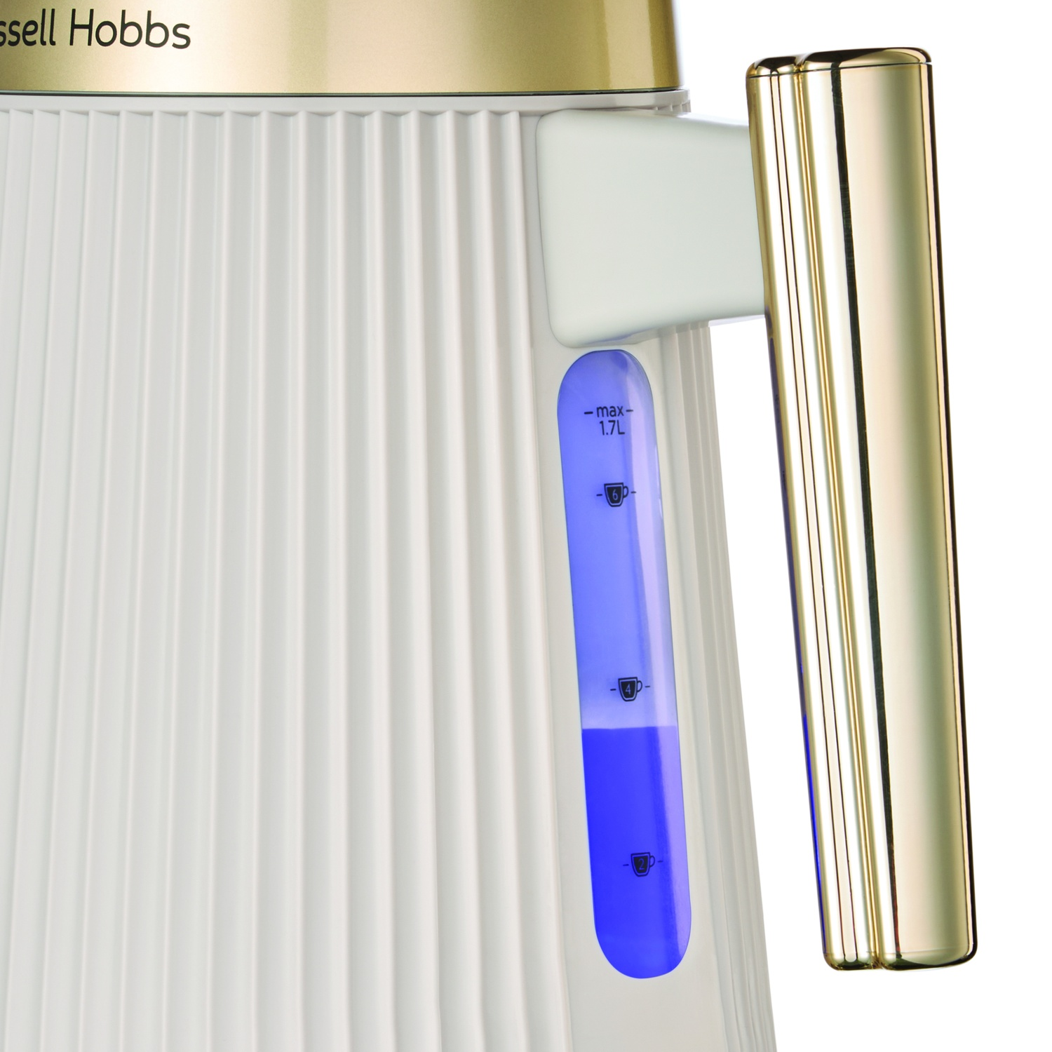 White kettle with ribbed design, blue water level indicator, and gold handle.