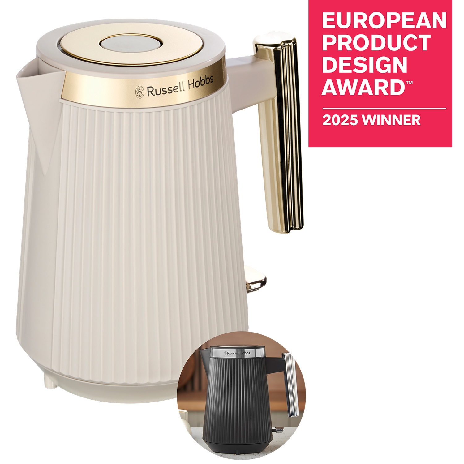 A cream kettle with gold accents and a small black kettle.