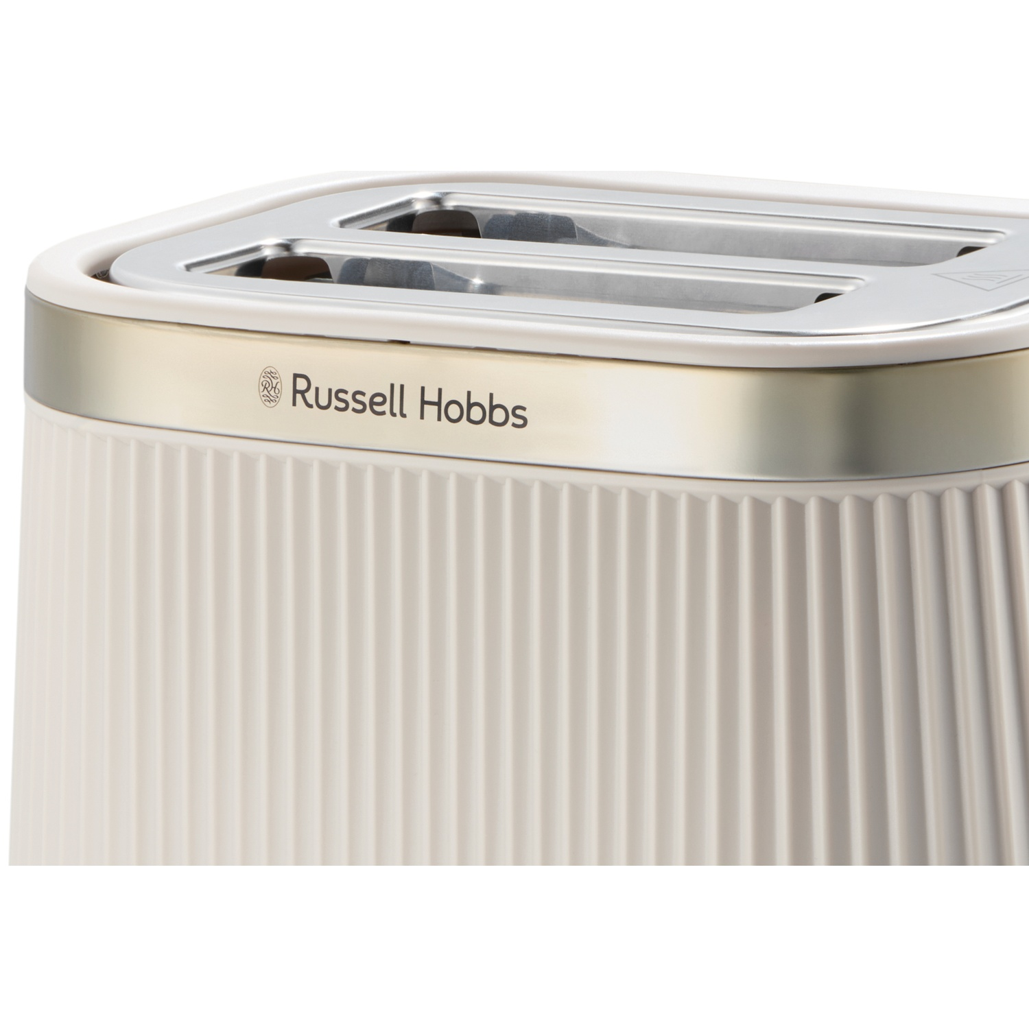 A cream-colored toaster with grooves and the Russell Hobbs logo.