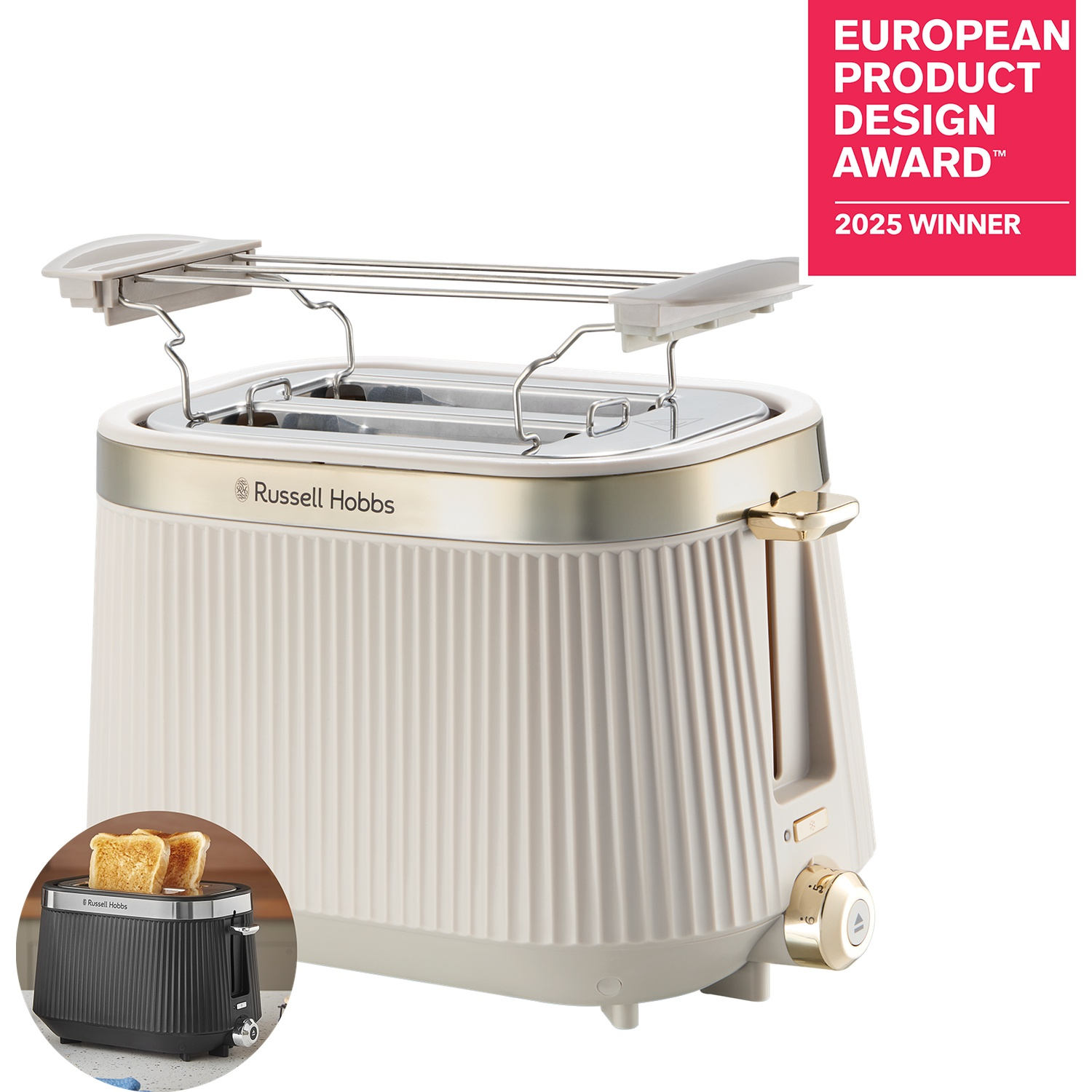 A cream-colored Russell Hobbs toaster with gold accents and a bun warmer.