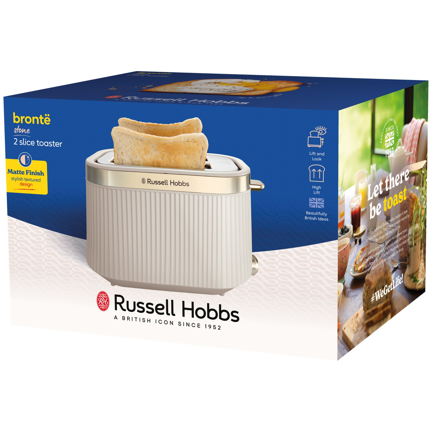 A white Russell Hobbs 2-slice toaster with toast, shown on its packaging.