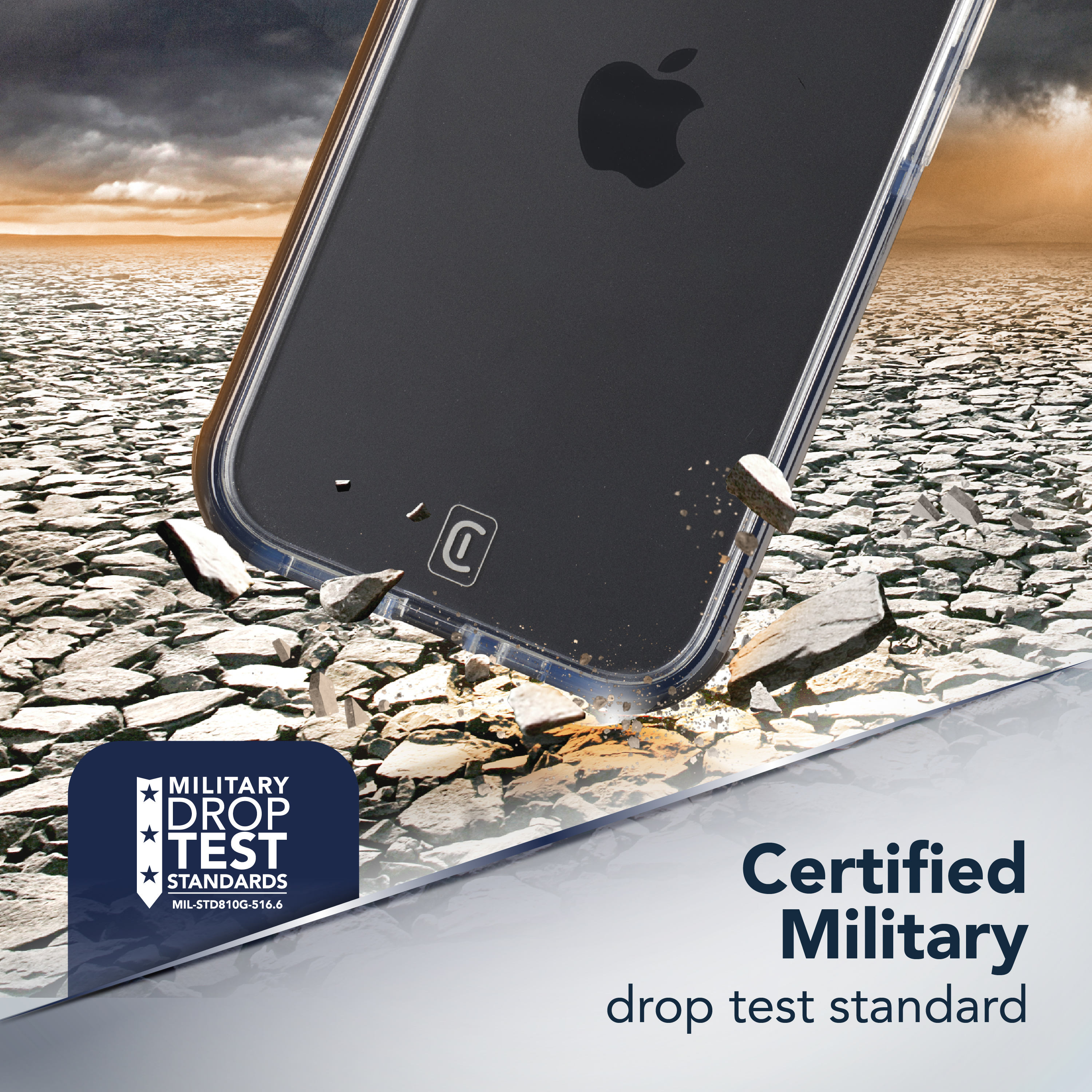 Funda transparente para iPhone con anillo MagSafe cayendo sobre suelo agrietado y texto “Certified Military drop test standard”.