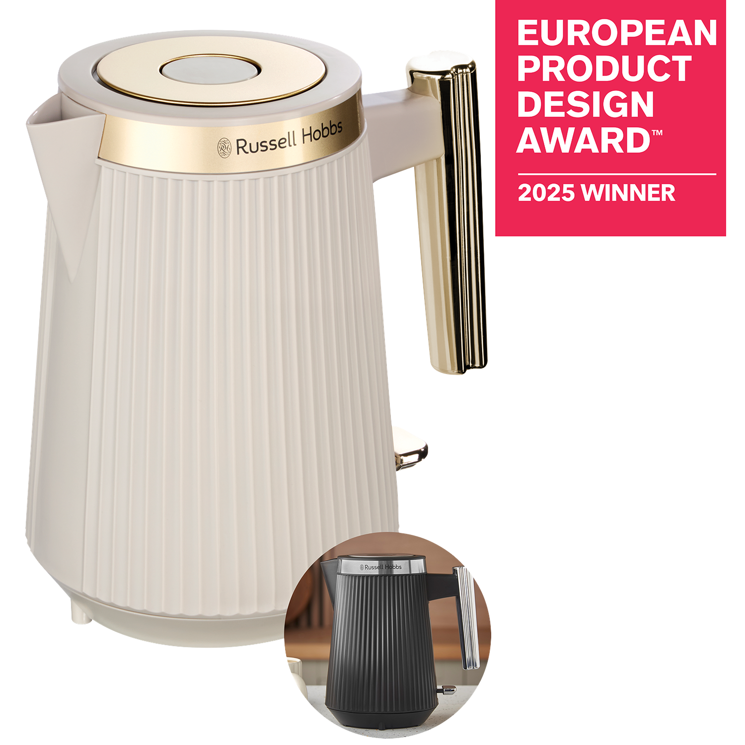 A cream-colored ribbed kettle with gold accents, next to a smaller black kettle.