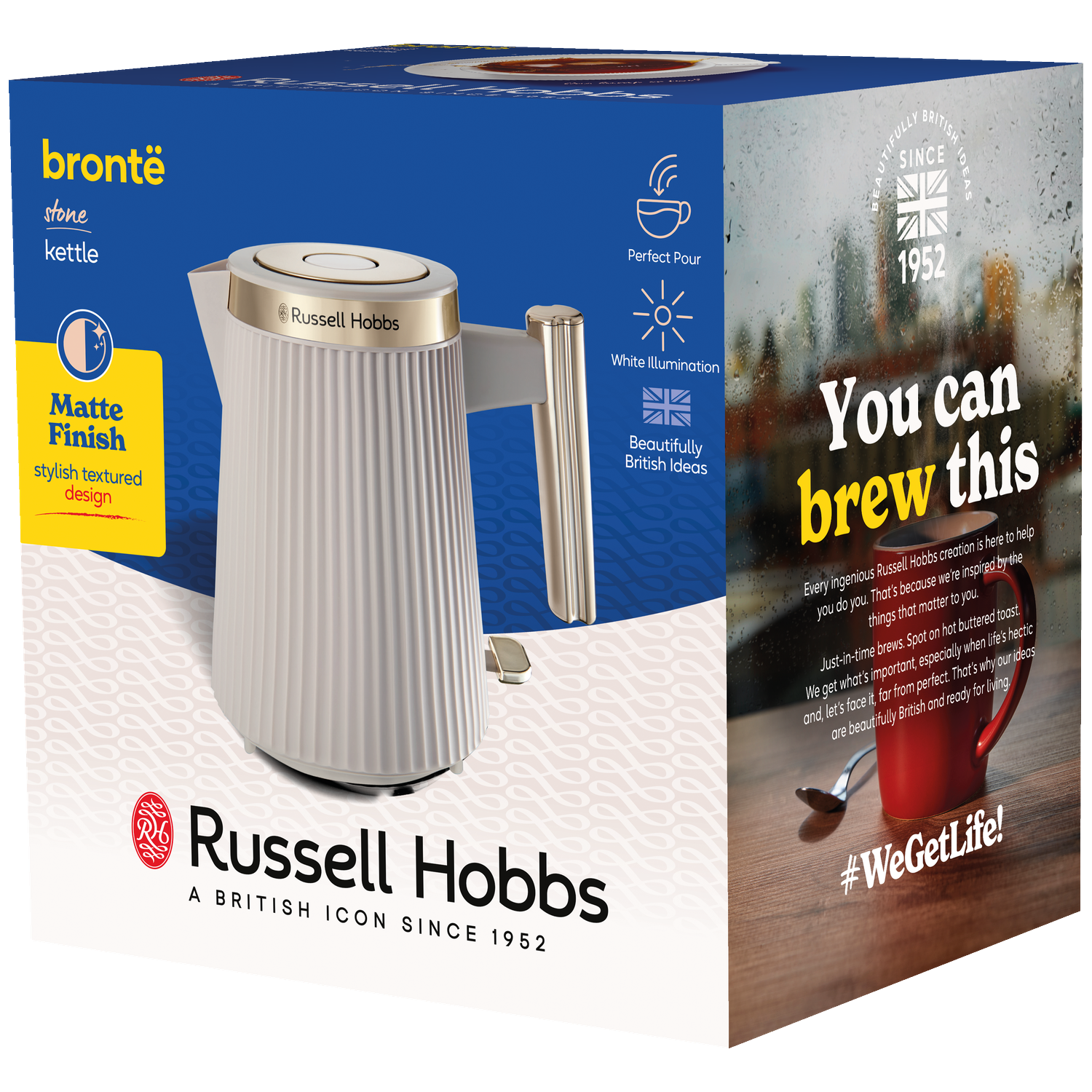 A cream-colored kettle with a ribbed design sits on packaging.