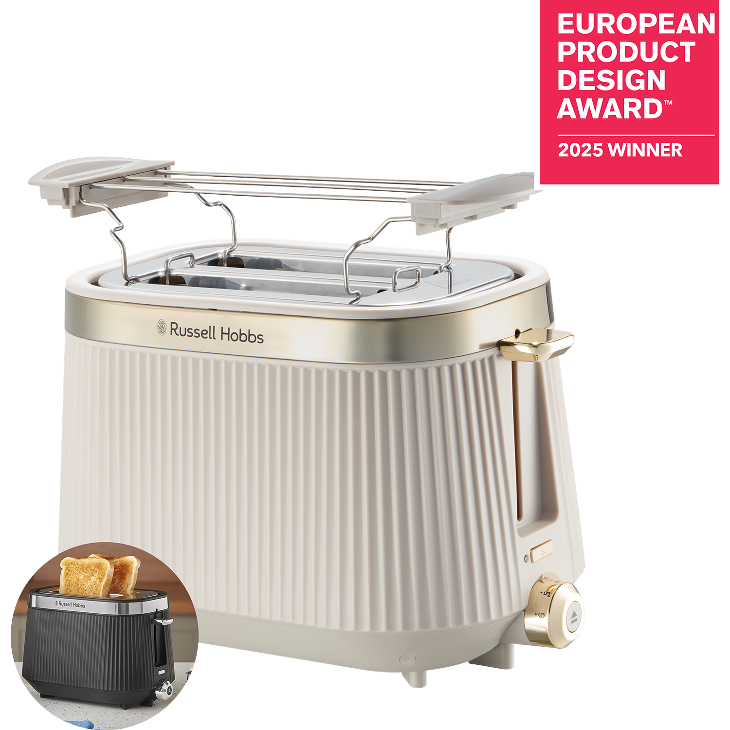 A cream Russell Hobbs toaster with gold accents. An award banner is at the top right.
