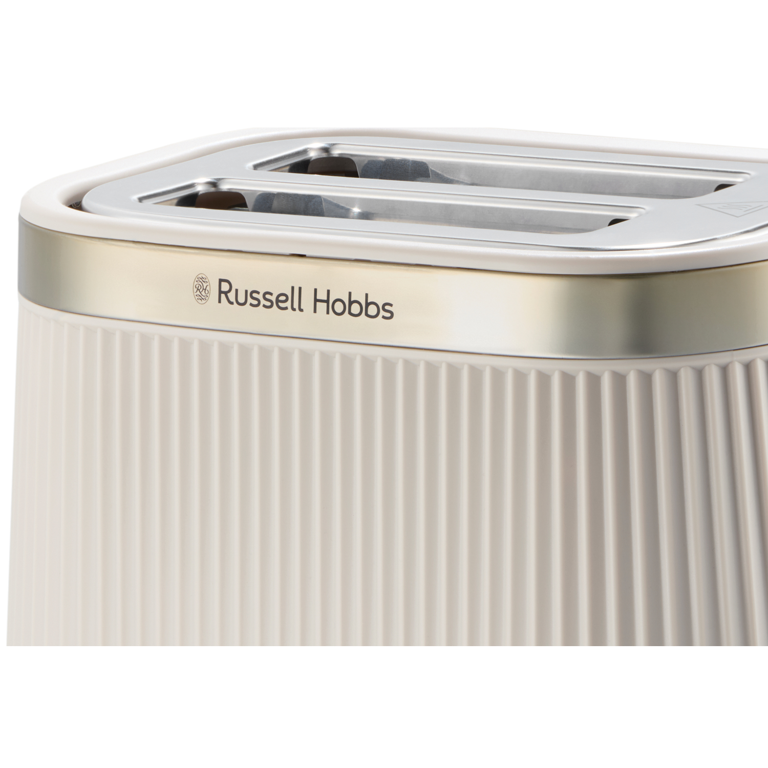 A cream-colored Russell Hobbs toaster with a ribbed body and silver band.