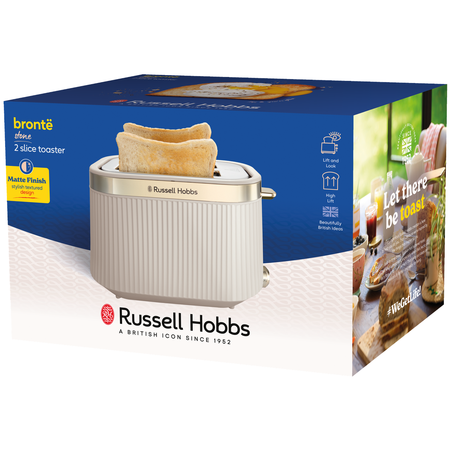 A beige 2-slice toaster with toast in it, shown on its packaging.