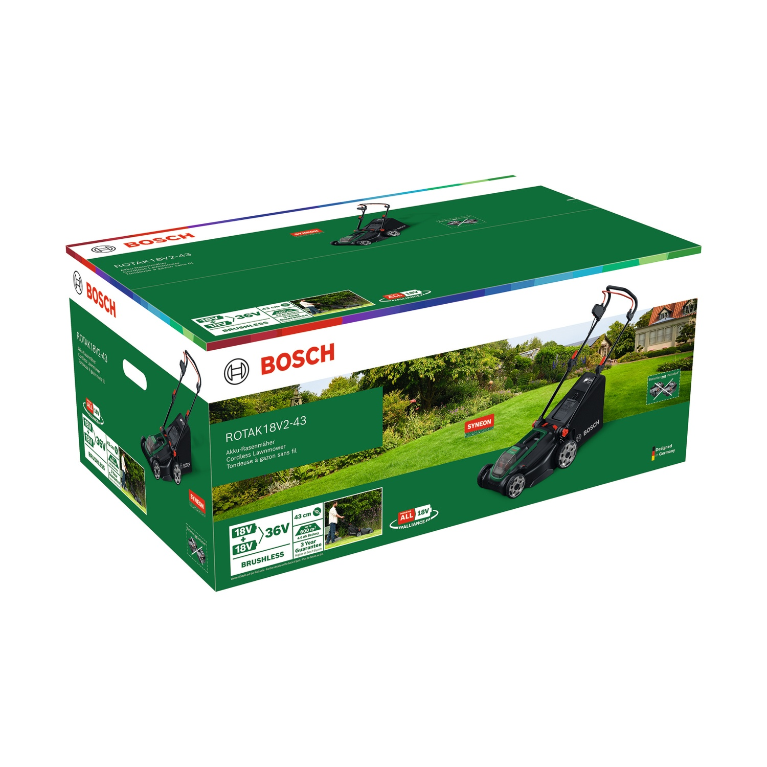 Confezione di un tosaerba a batteria Bosch, modello ROTAK 18V2-43.