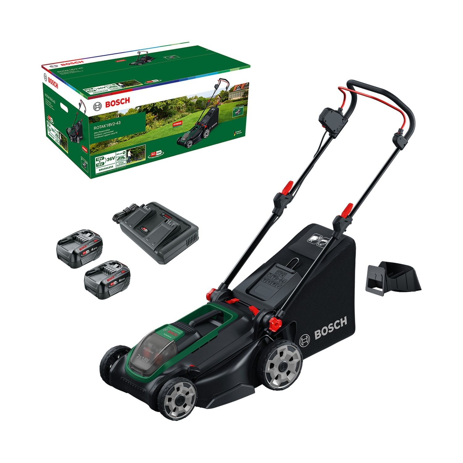 Tosaerba Bosch nero con accessori: scatola, due batterie, caricabatterie.