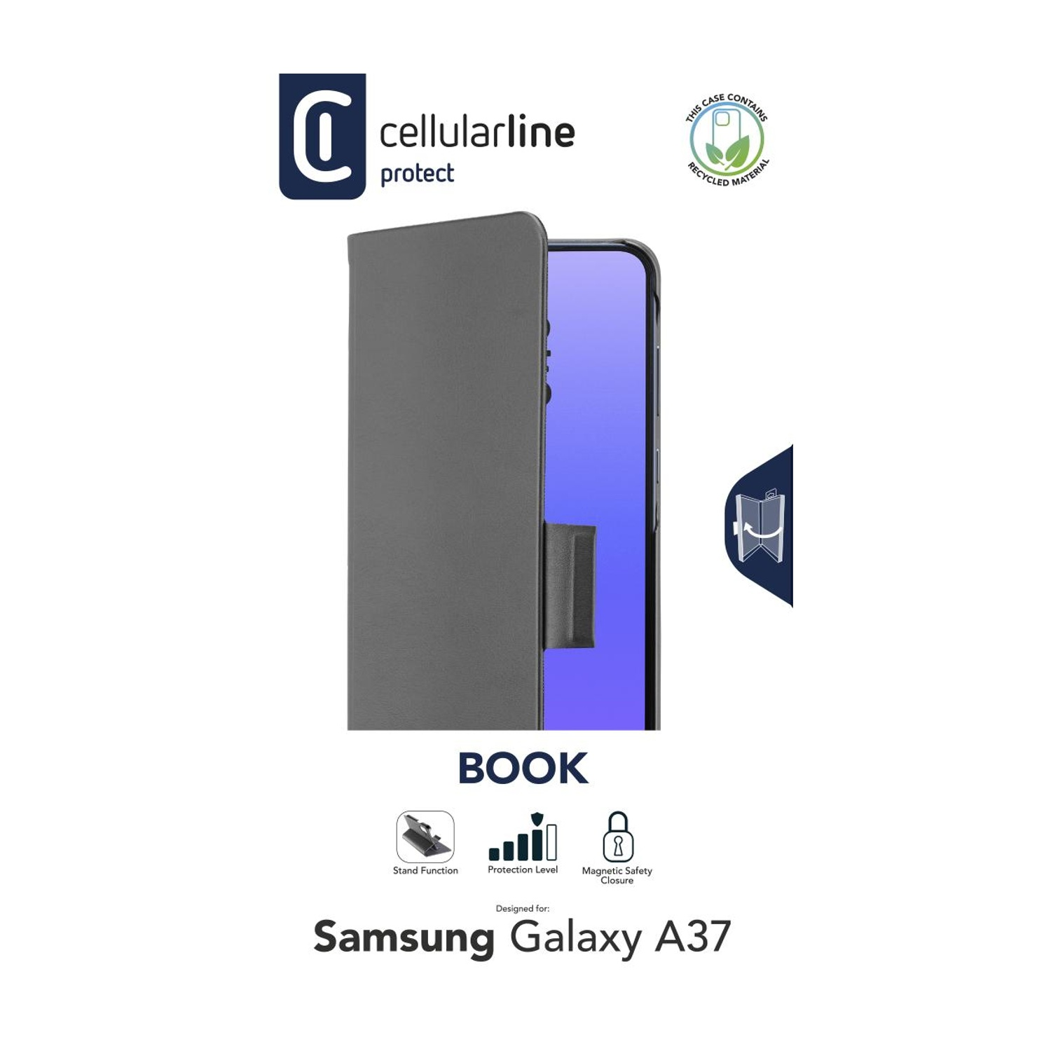 Custodia grigia per Samsung Galaxy A37, con logo, funzione stand, protezione e chiusura magnetica.