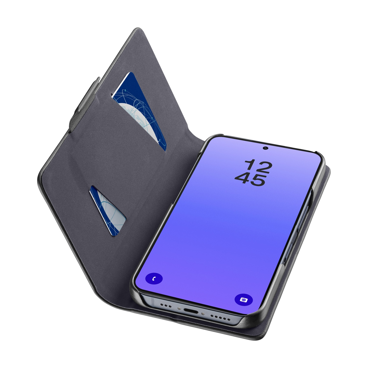 Custodia a libro grigia per telefono con due slot per carte e uno smartphone.
