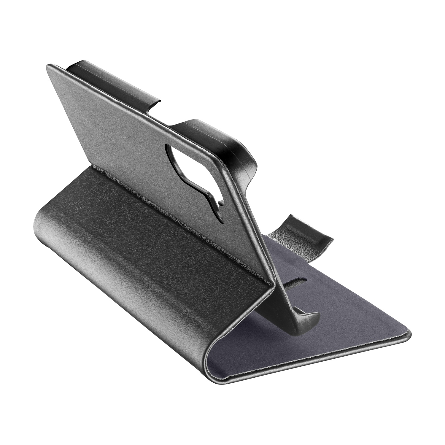 Custodia a libro nera per smartphone, in posizione verticale.