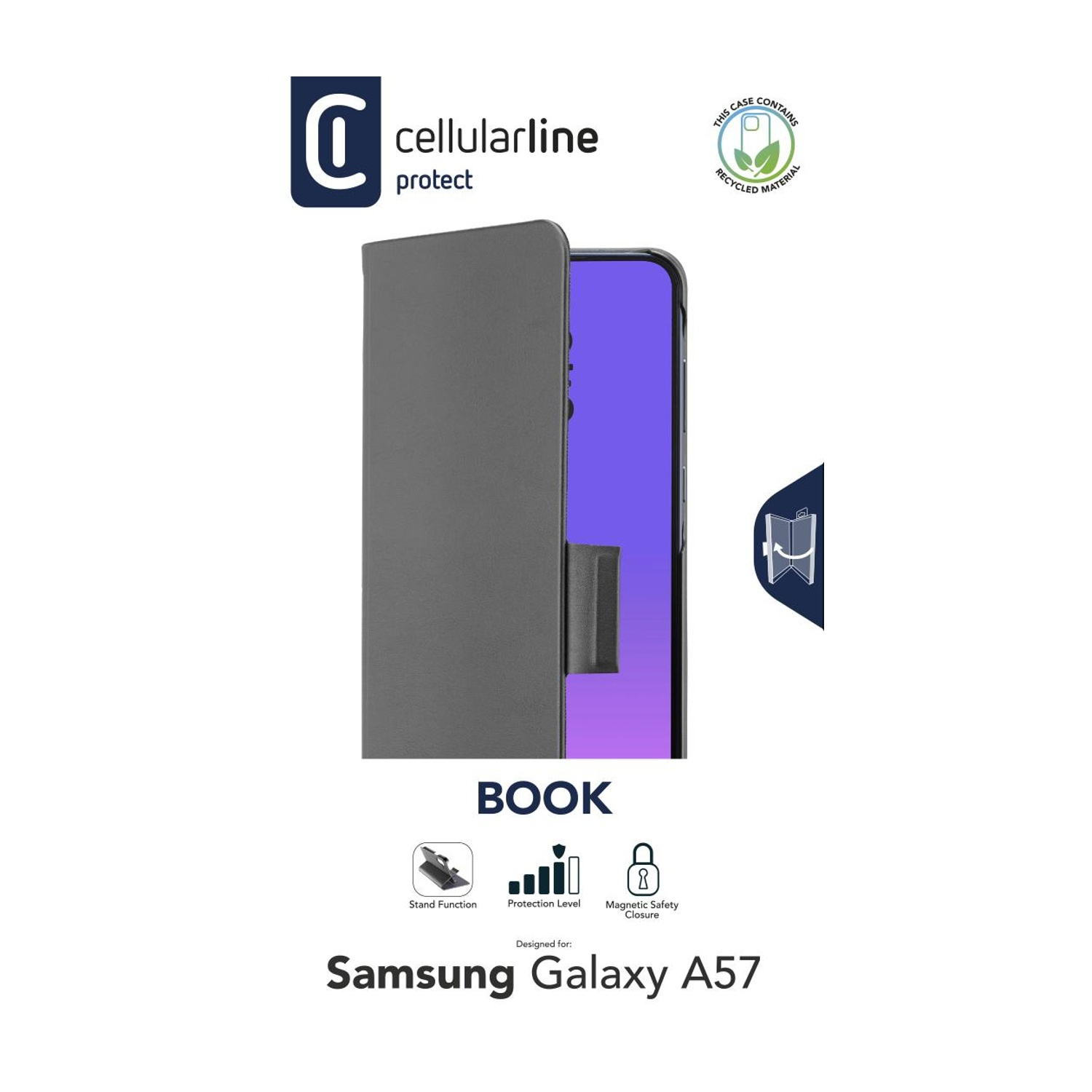 Custodia a libro grigia per Samsung Galaxy A57 con logo e icone.
