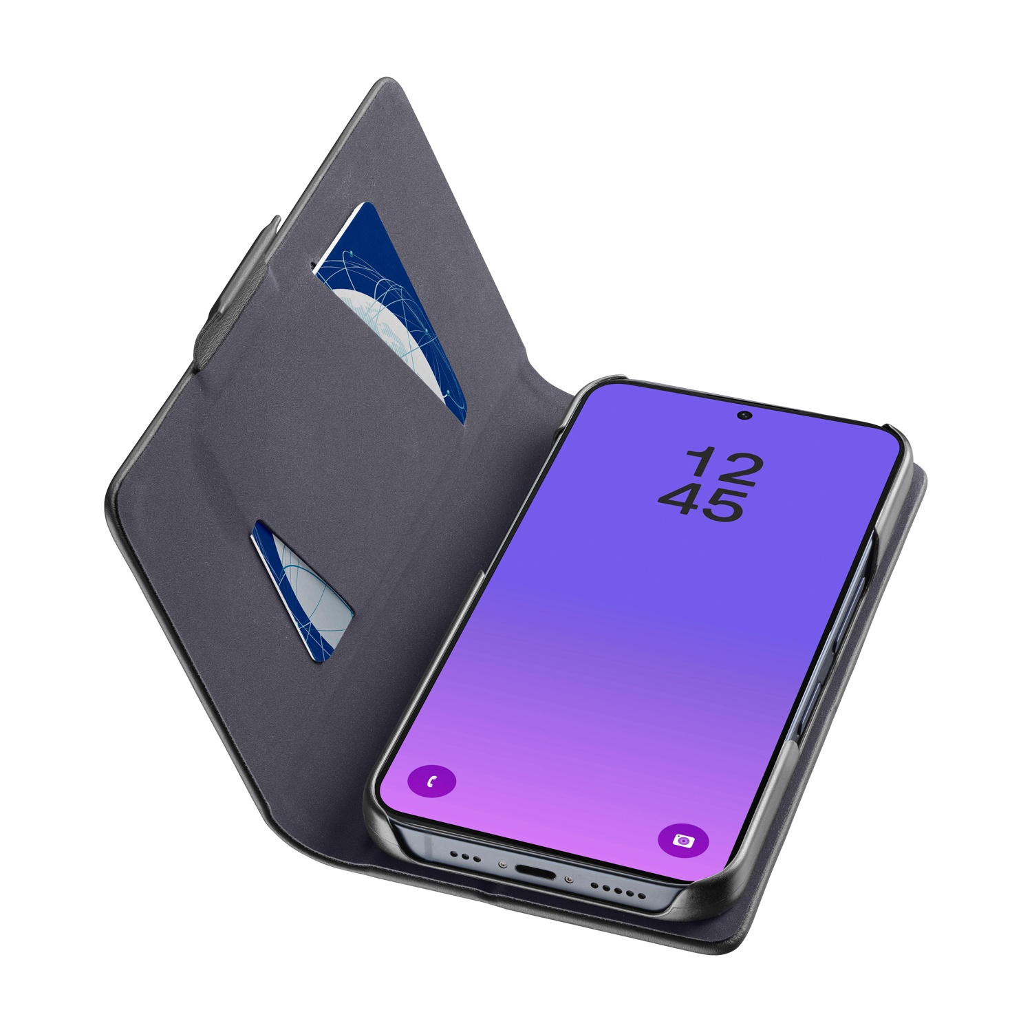 Custodia a libro grigia per smartphone con slot per carte e schermo viola.