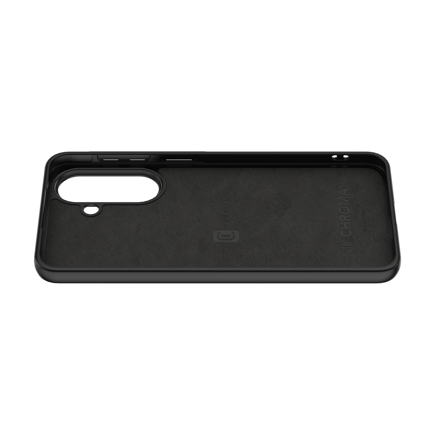 Custodia nera per telefono con ritagli per fotocamera e pulsanti.