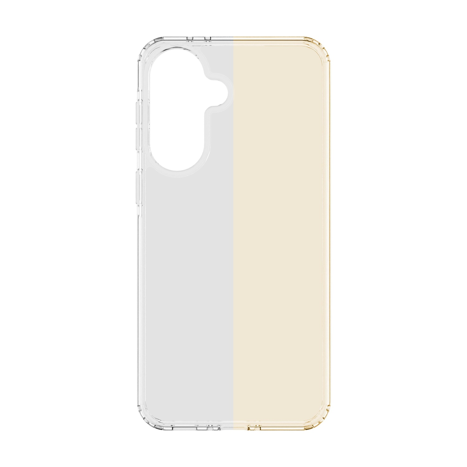 Custodia trasparente con gradiente bicolore: grigio a sinistra, beige a destra.