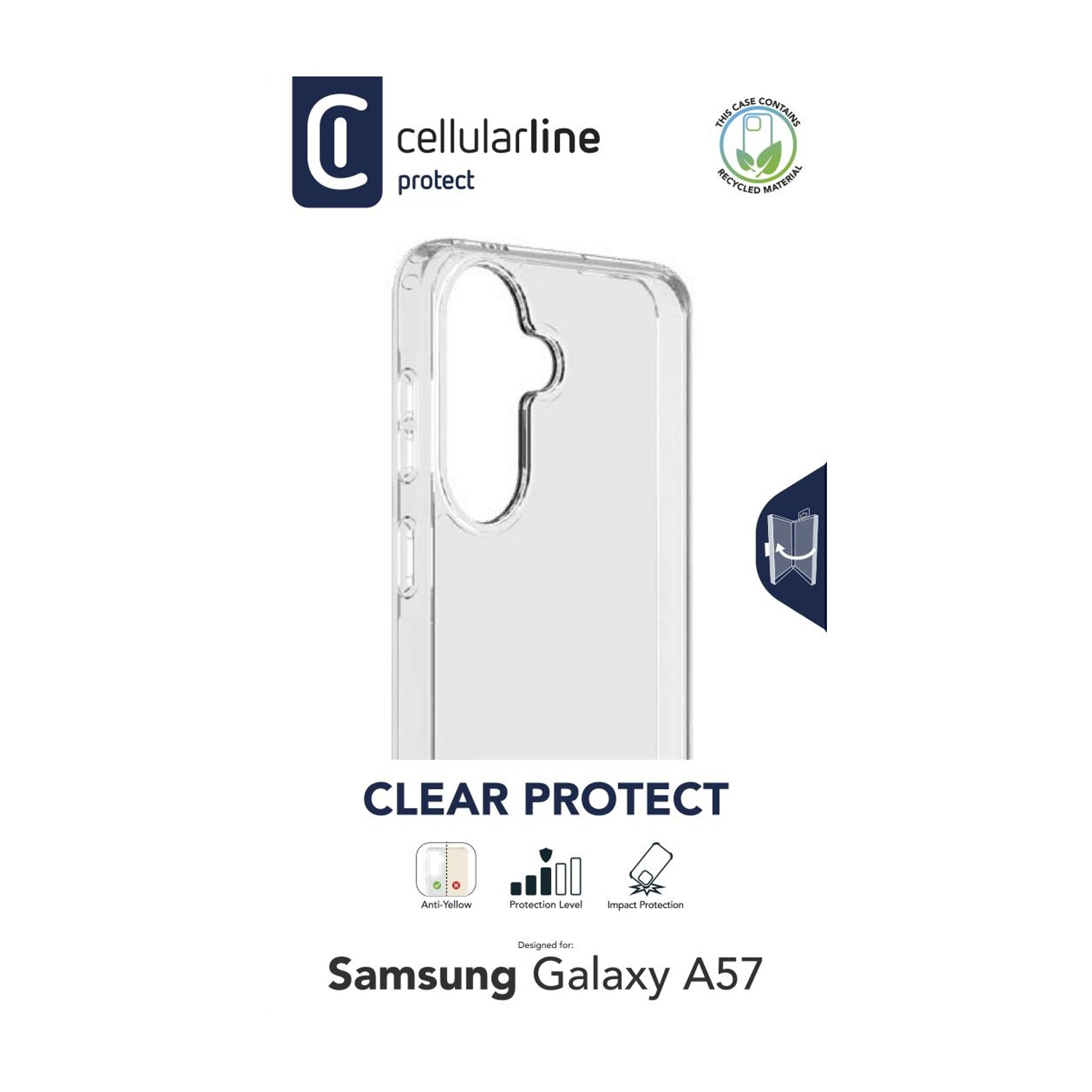 Custodia trasparente per Samsung Galaxy A57 di Cellularline, con logo materiale riciclato.