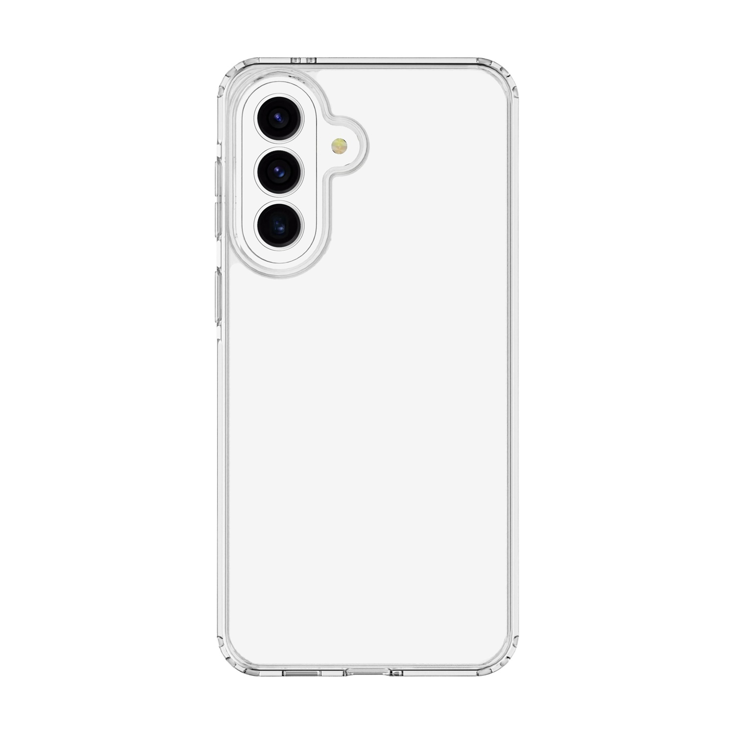 Una custodia trasparente per telefono con tre obiettivi della fotocamera in alto a sinistra.
