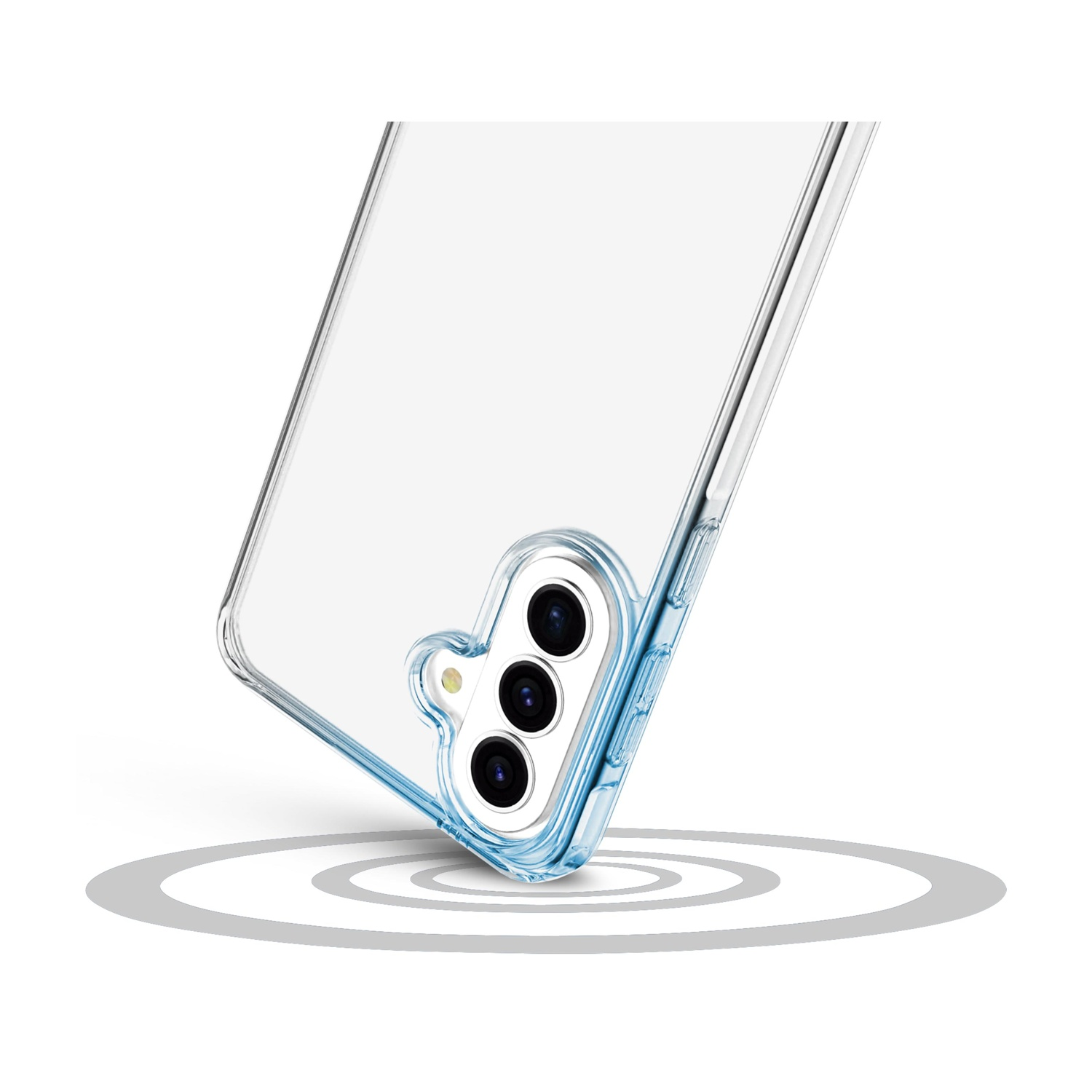 Custodia trasparente per telefono con tre fotocamere e accenti blu su sfondo bianco.