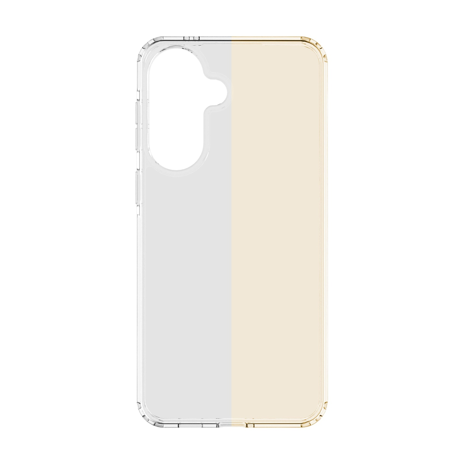 Custodia trasparente per telefono con retro bicolore, metà bianca e dorata.