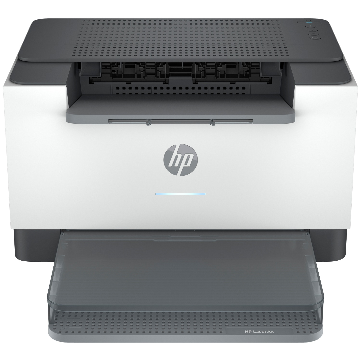 Une imprimante HP LaserJet blanche et grise avec bac à papier ouvert et papier chargé.