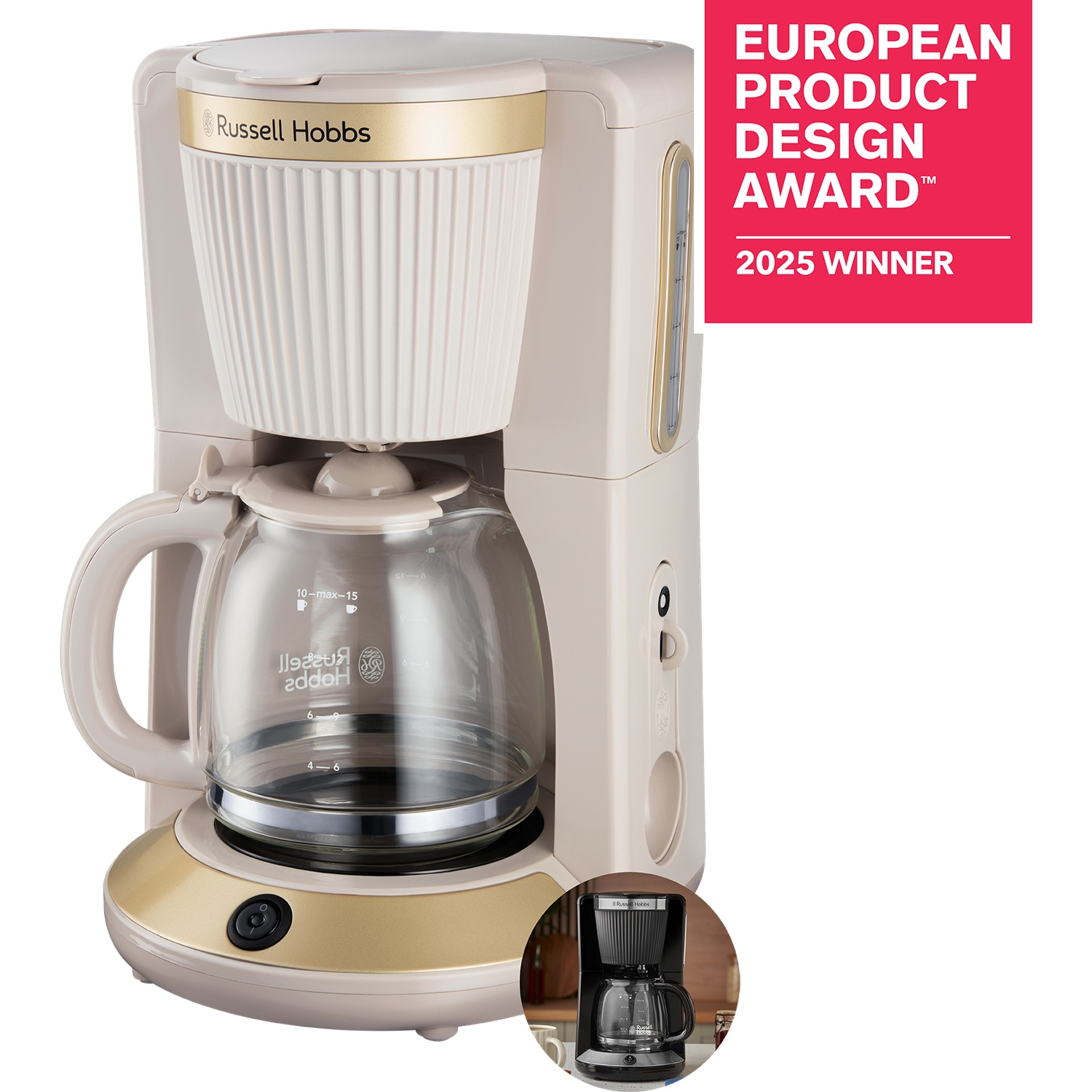 Beige Russell Hobbs koffiezetapparaat met glazen kan en rode "European Product Design Award" banner.