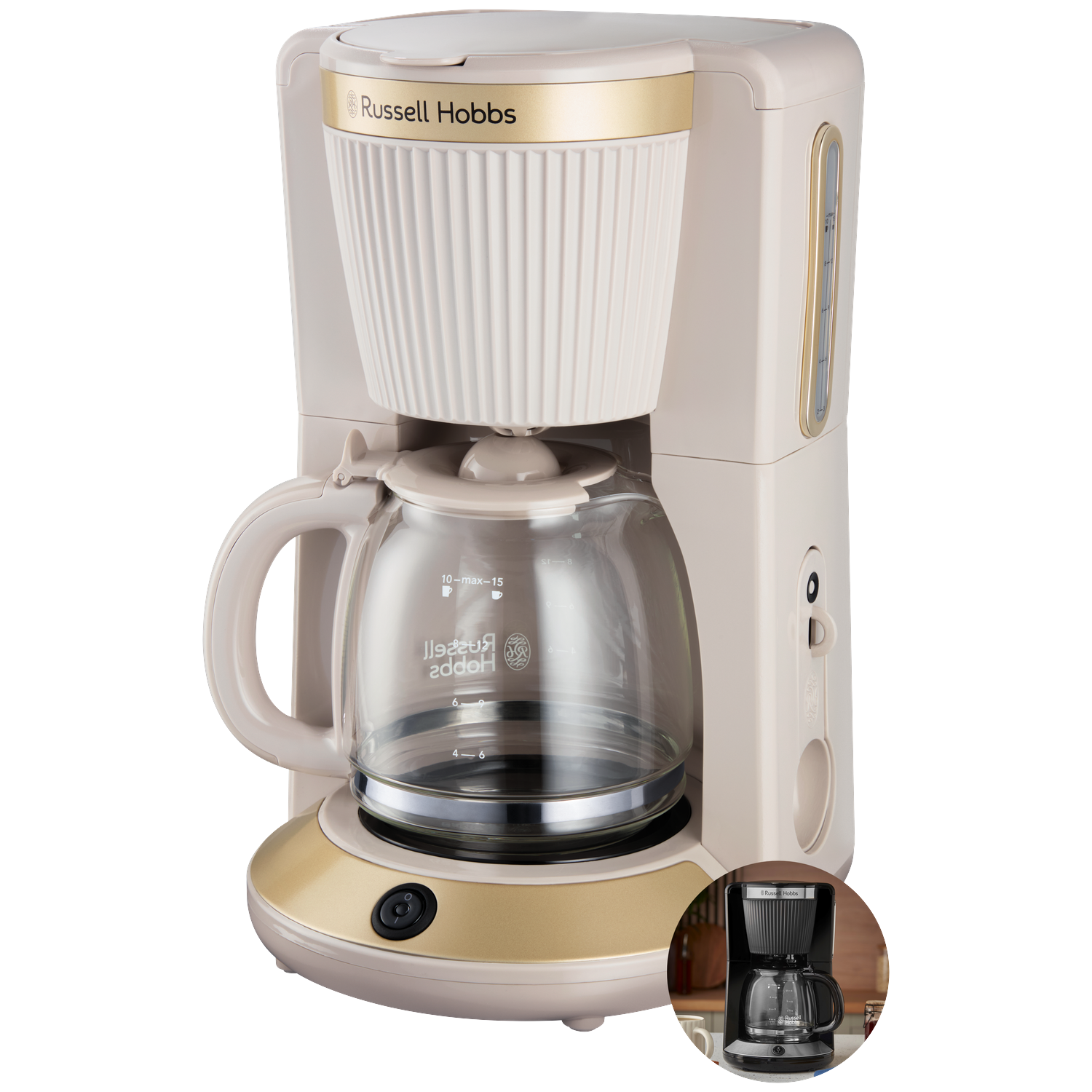 Een crèmekleurige Russell Hobbs koffiezetapparaat met glazen kan en gouden accenten.