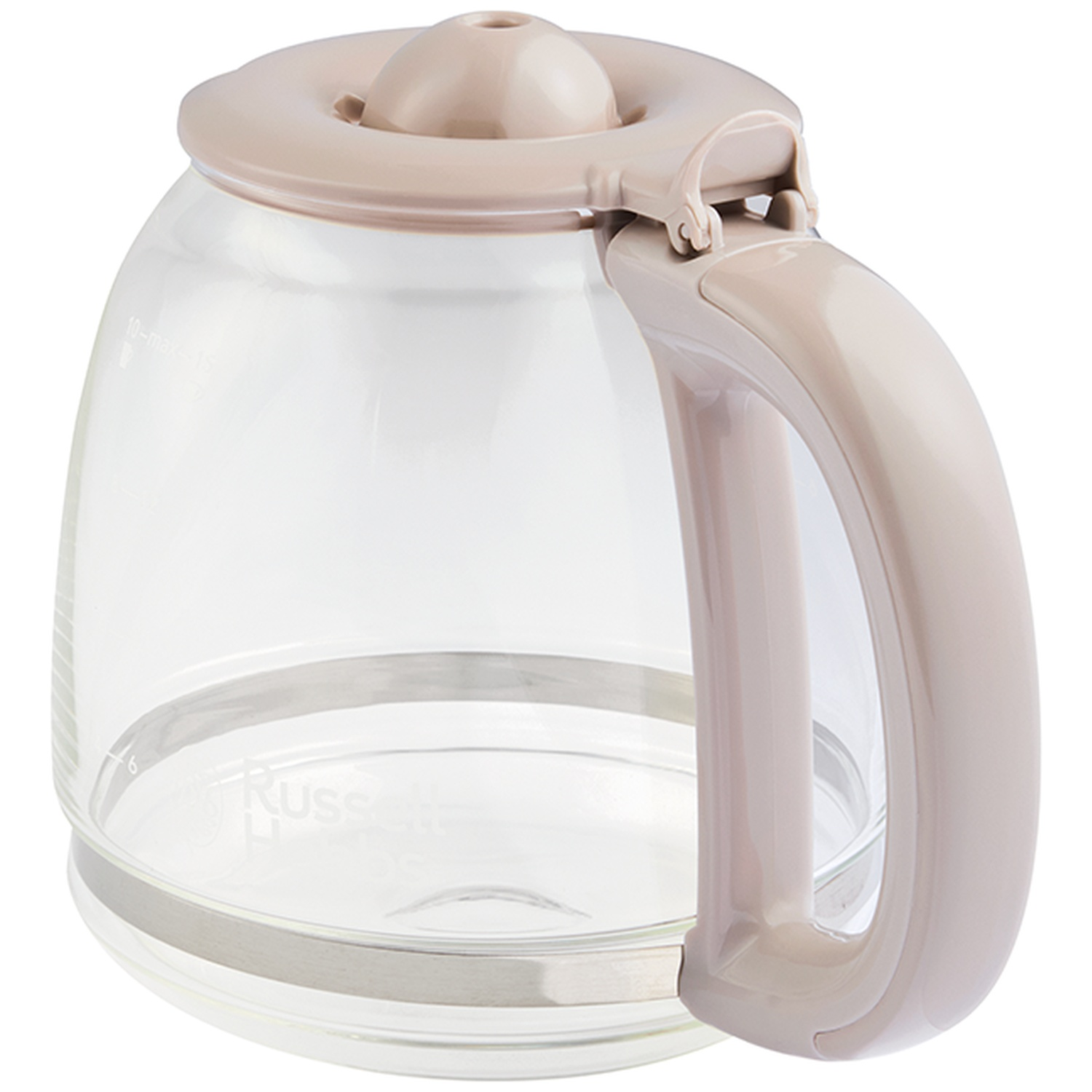 Glazen koffiekan met beige handvat en deksel, duidelijke markeringen.