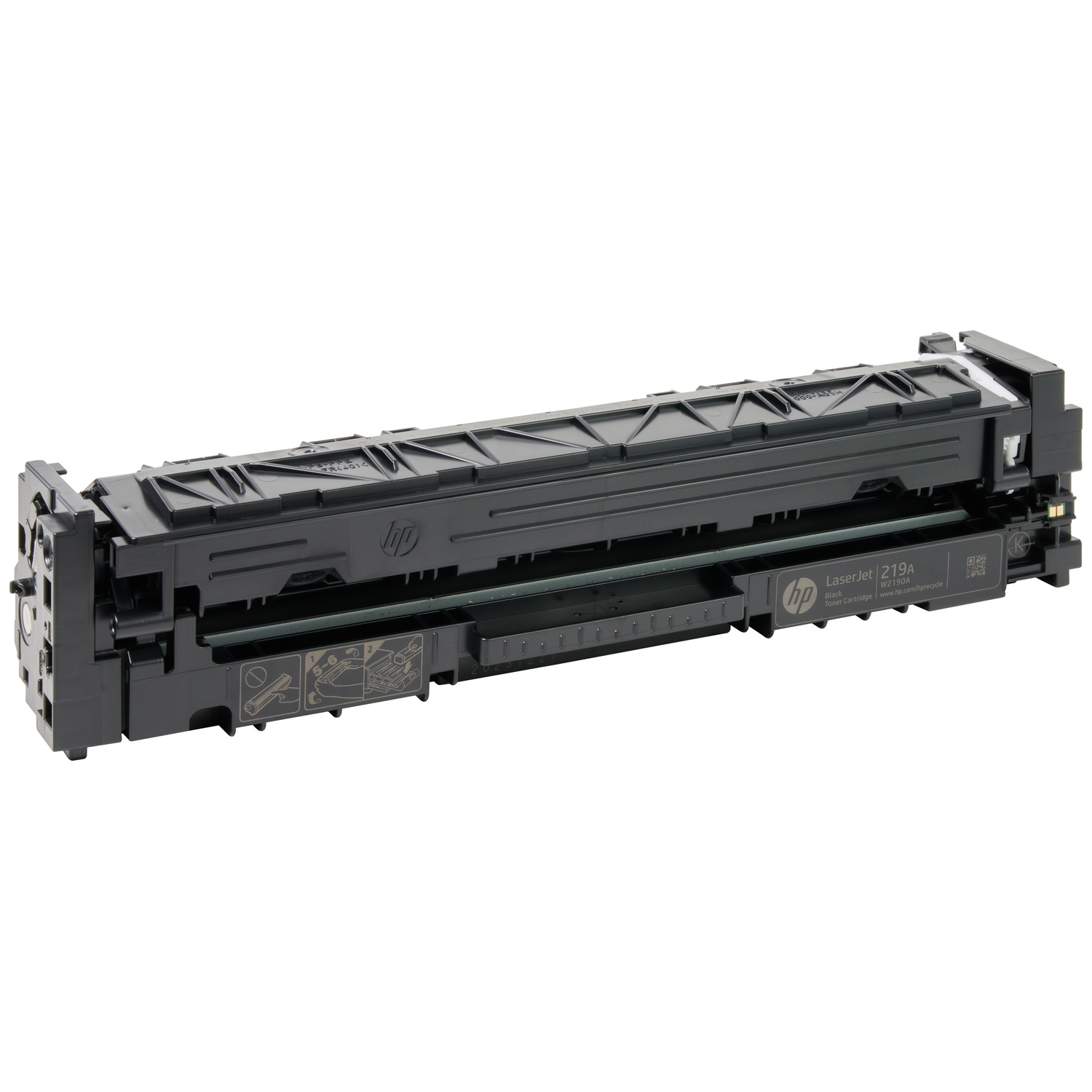 Black HP LaserJet 219A toner cartridge, isolated on a white background.