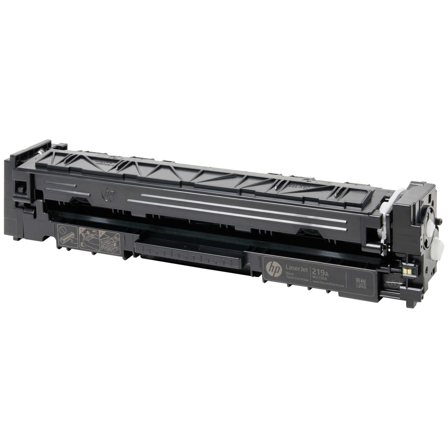 Black HP LaserJet 219A toner cartridge. Rectangular, black with silver details.