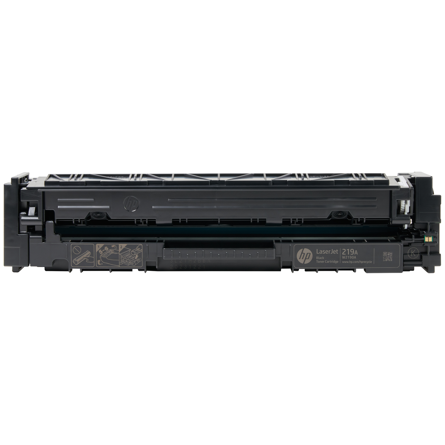 Black HP LaserJet 219A toner cartridge with labels and symbols.