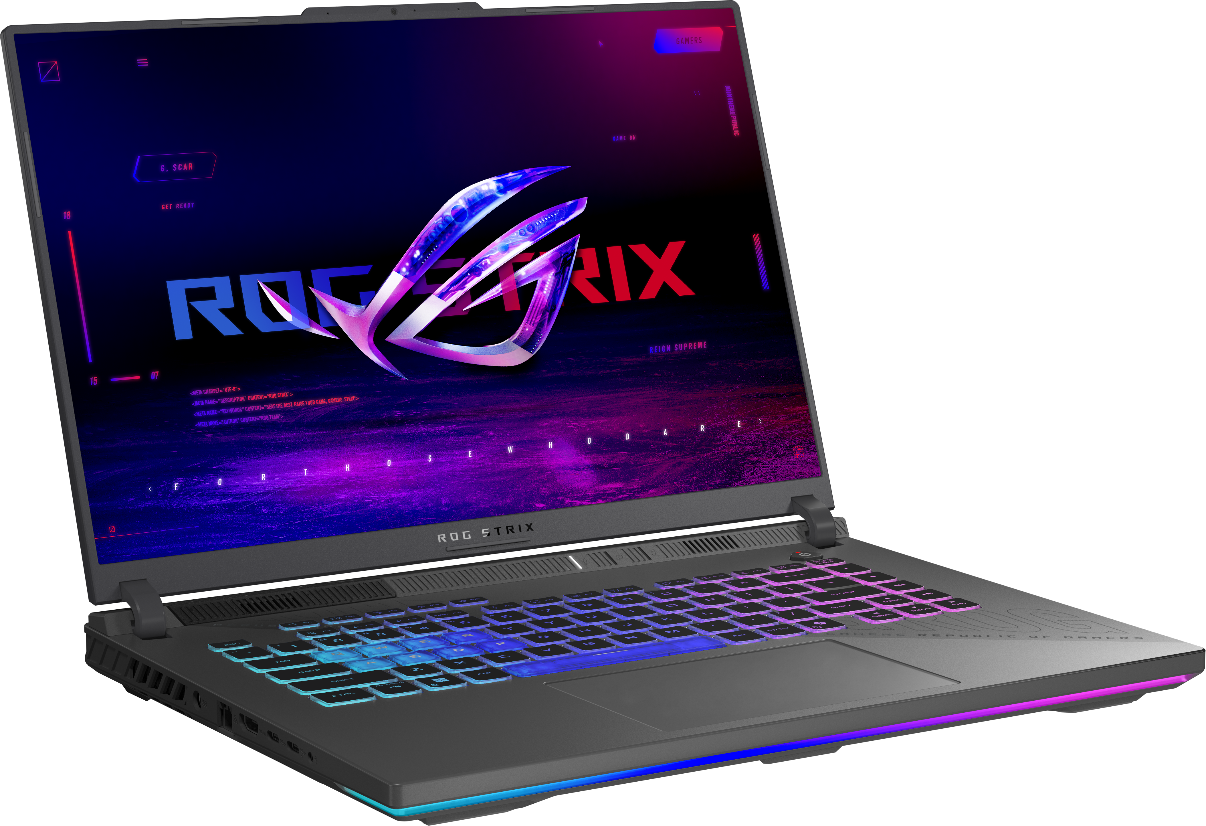Un ordinateur portable gaming ROG Strix avec clavier et logo lumineux.