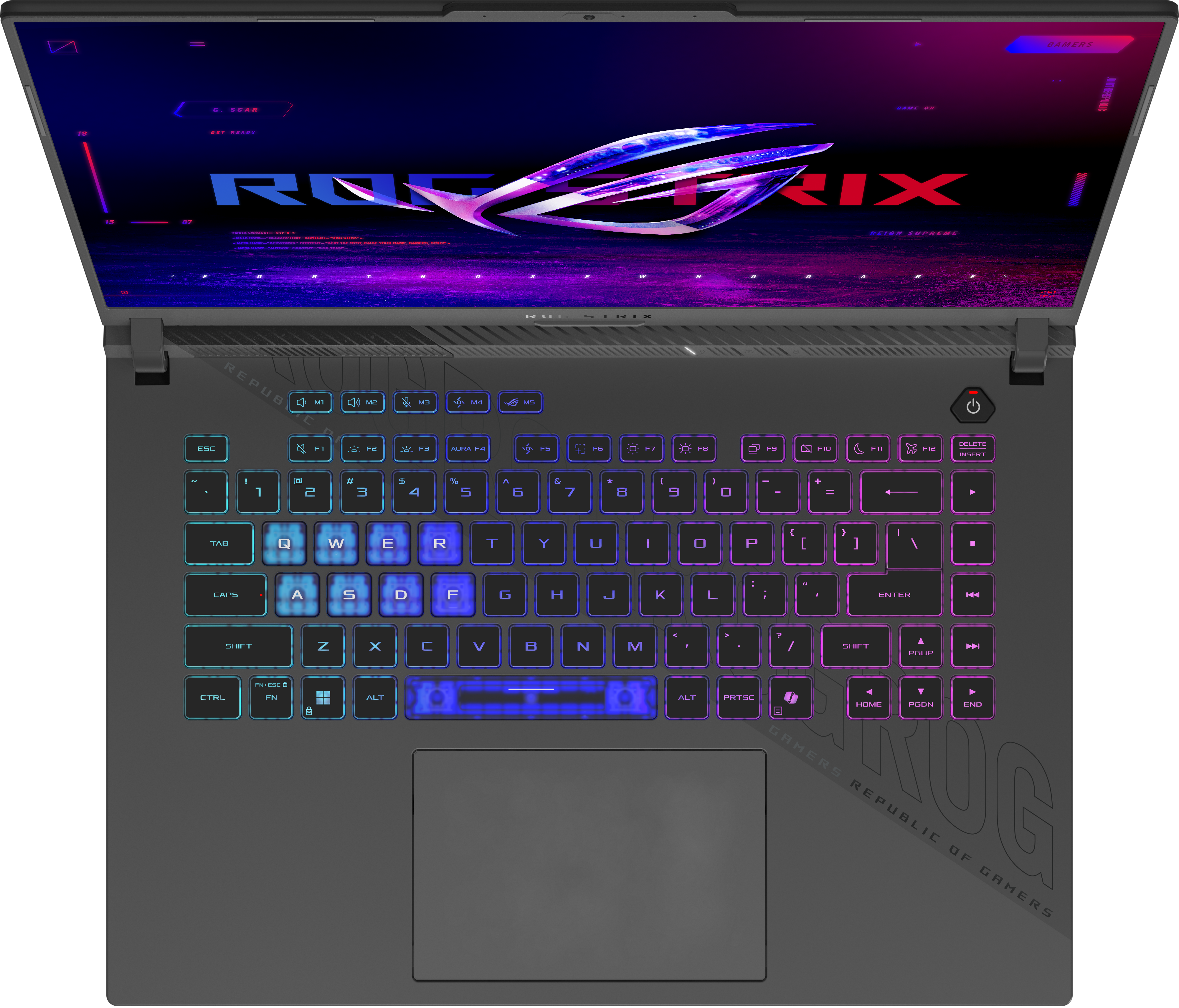 Un ordinateur portable gaming ROG Strix avec clavier rétroéclairé et logo RGB à l'écran.