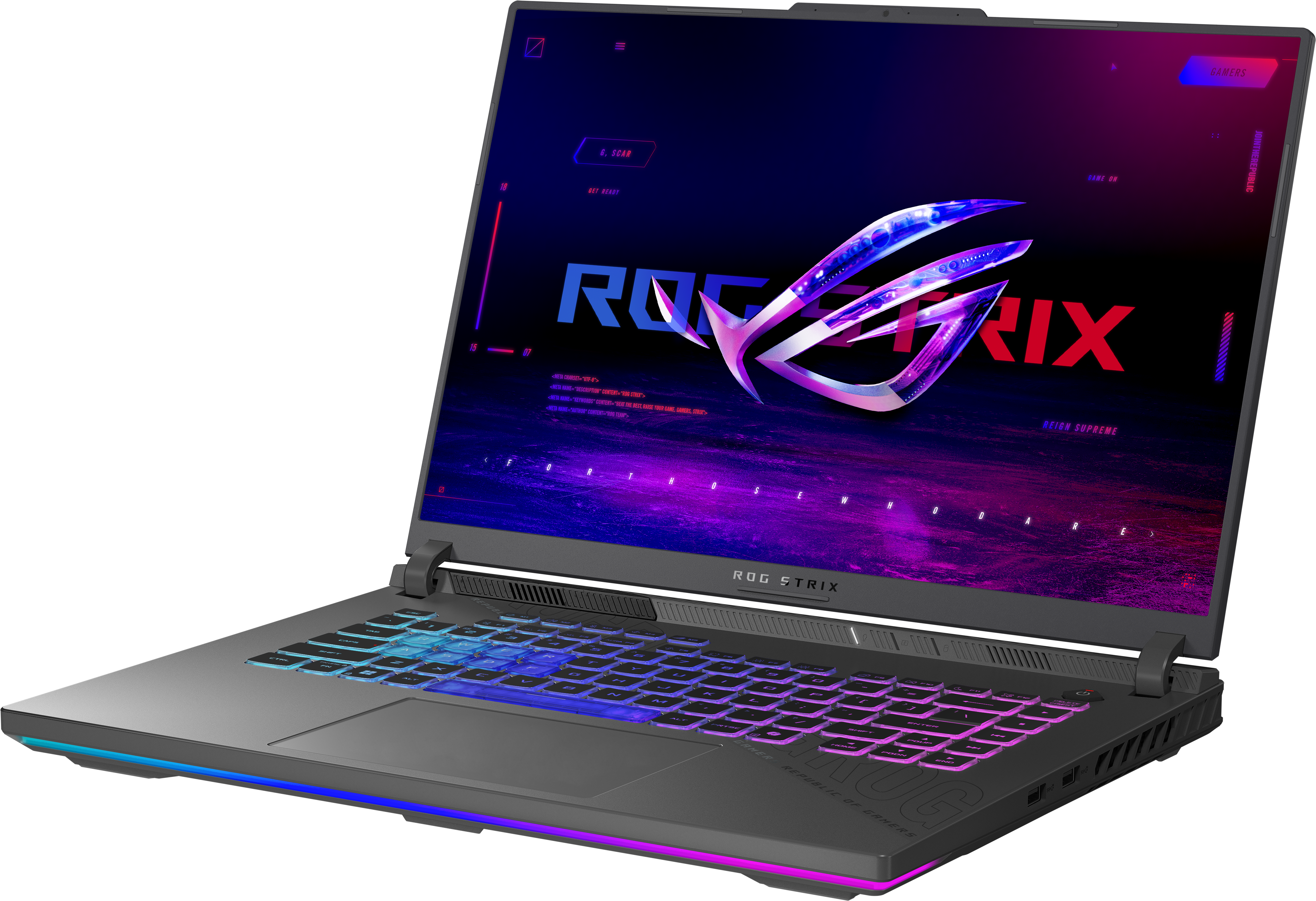 Un PC portable gaming ROG Strix avec clavier rétroéclairé et logo ROG à l'écran.